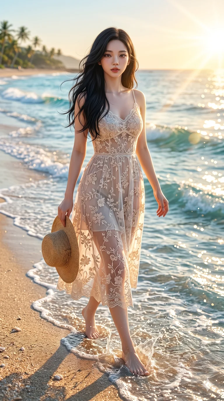 score_9, score_8_up, score_7_up, source_anime, masterpiece, best quality, ultra-detailed, same character with long black hair, wearing a sheer floral lace sundress, walking barefoot on a sun-drenched beach, crystal clear waves hitting her feet, lens flare, 2k, ultra detail, master piece, 9:16 ratio