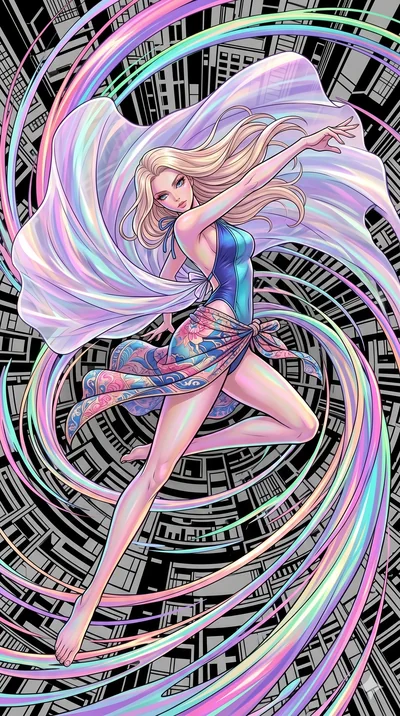 score_9, masterpiece, best quality, ultra-detailed, high-budget anime movie keyframe, cinematic anime lighting, intricate line art, Japanese woman. Extreme high angle shot as she leaps towards the camera, filling the frame. spinning in a world of bla