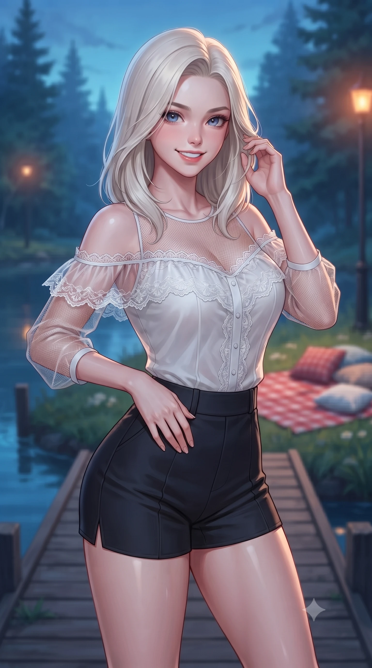 score_9, masterpiece, best quality, ultra-detailed, high-budget anime keyframe, editorial fashion photography, tasteful artistic composition, Caucasian woman. close-up cowboy shot from the waist and thighs up, the character dominates the composition, filling the frame with her large presence, background elements kept in soft focus. smiling with cute and bright self-assurance, looking directly at the viewer set against a soft-focus background of on a quiet wooden pier extending into a calm, blue forest lake with a red checkered picnic blanket and pillows arranged on the grass. She has an exceptionally elegant, slender, and willowy female figure with an ultra-slim waist, a gracefully sculpted slender torso, and a refined silhouette. sharp v-shaped jawline, high-bridge nose, intricate jewel-like eyes with depth, thick eyelashes, glossy lips with a natural sheen. wearing form-contouring delicate lace-trim off-shoulder blouse paired with a sheer mesh overlay and form-contouring mini shorts. cool twilight sky glow contrasting with the warm orange light of streetlamps. ultra-reflective glossy finish, specular highlights, metallic sheen, high-contrast stereoscopic depth, volumetric dynamic lighting, 2k, ultra detail, master piece, 9:16 ratio