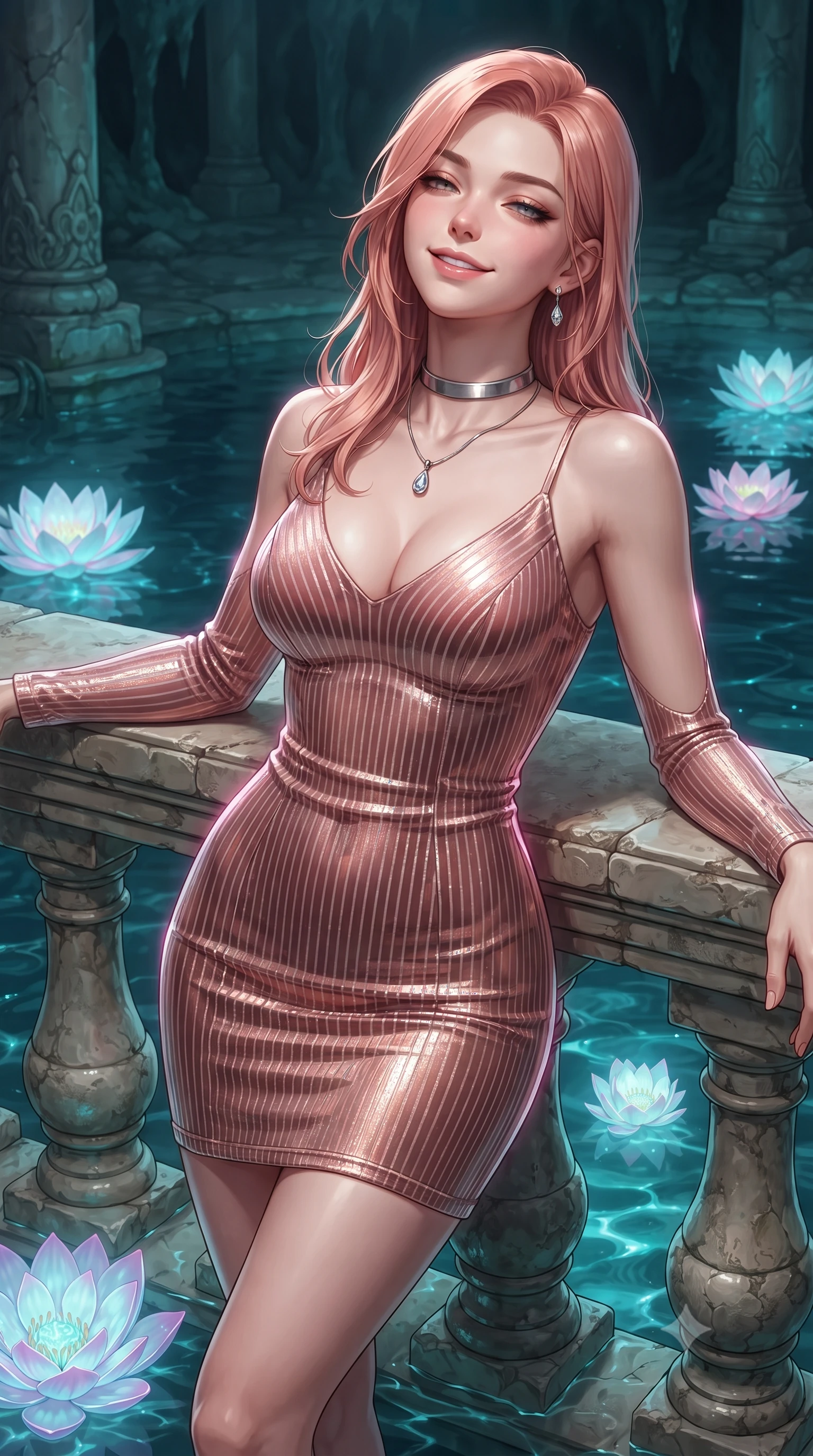 score_9, masterpiece, best quality, ultra-detailed, high-budget anime keyframe, editorial fashion photography, tasteful artistic composition, Japanese woman. close-up cowboy shot from the waist and thighs up, the character dominates the composition, filling the frame with her large presence. leaning back against the balustrade with relaxed seductive grace, head tilted back slightly while casting a hypnotic, heavy-lidded gaze while standing poised on the limestone stepping stone amidst the subterranean lagoon, arching her lower back with siren elegance as giant bioluminescent lotus blossoms glow on the water surface. The surrounding environment is rendered in vivid detail and crisp panoramic clarity: sharp limestone strata textures, delicate glowing lotus petal veins, and crystal-clear water surface ripples in deep focus. She has an exceptionally elegant, slender, and willowy female figure with an ultra-slim waist, flat toned midriff, narrow ribcage, and sculpted feminine hips creating an alluring, slim hourglass silhouette without bulk. sharp v-shaped jawline, high-bridge nose, intricate jewel-like sparkling eyes with depth, thick eyelashes, glossy parted lips with a natural peach sheen, bright cheerful beaming smile with an enchanting and coquettish sensual glint, exuding both youthful cute charm and seductive allure, flawlessly proportioned anatomical accuracy, strict slender model proportions, natural body alignment, perfectly sculpted long slender limbs, ultra-slim waistline, clean dynamic posture without body distortion. wearing a tailored liquid velvet bodycon dress with metallic fiber pinstripes following her statuesque 8.5-heads silhouette in rose-quartz blush and burnished copper, crafted from fluid liquid silk satin that clings smoothly to her narrow waist and rounded hips with a dewy sheen, finished with a minimalist chrome choker and a single teardrop diamond pendant, the impeccably tailored cut draping gracefully along her slender figure with aristocratic poise. illuminated by water caustics bounce and sharp aquamarine-pink rim lights defining her razor-sharp jawline, narrow waist, and curvy hips. ultra-reflective glossy finish, specular highlights, rich textural contrasts, high-contrast stereoscopic depth, volumetric dynamic lighting, 2k, ultra detail, master piece, 9:16 ratio