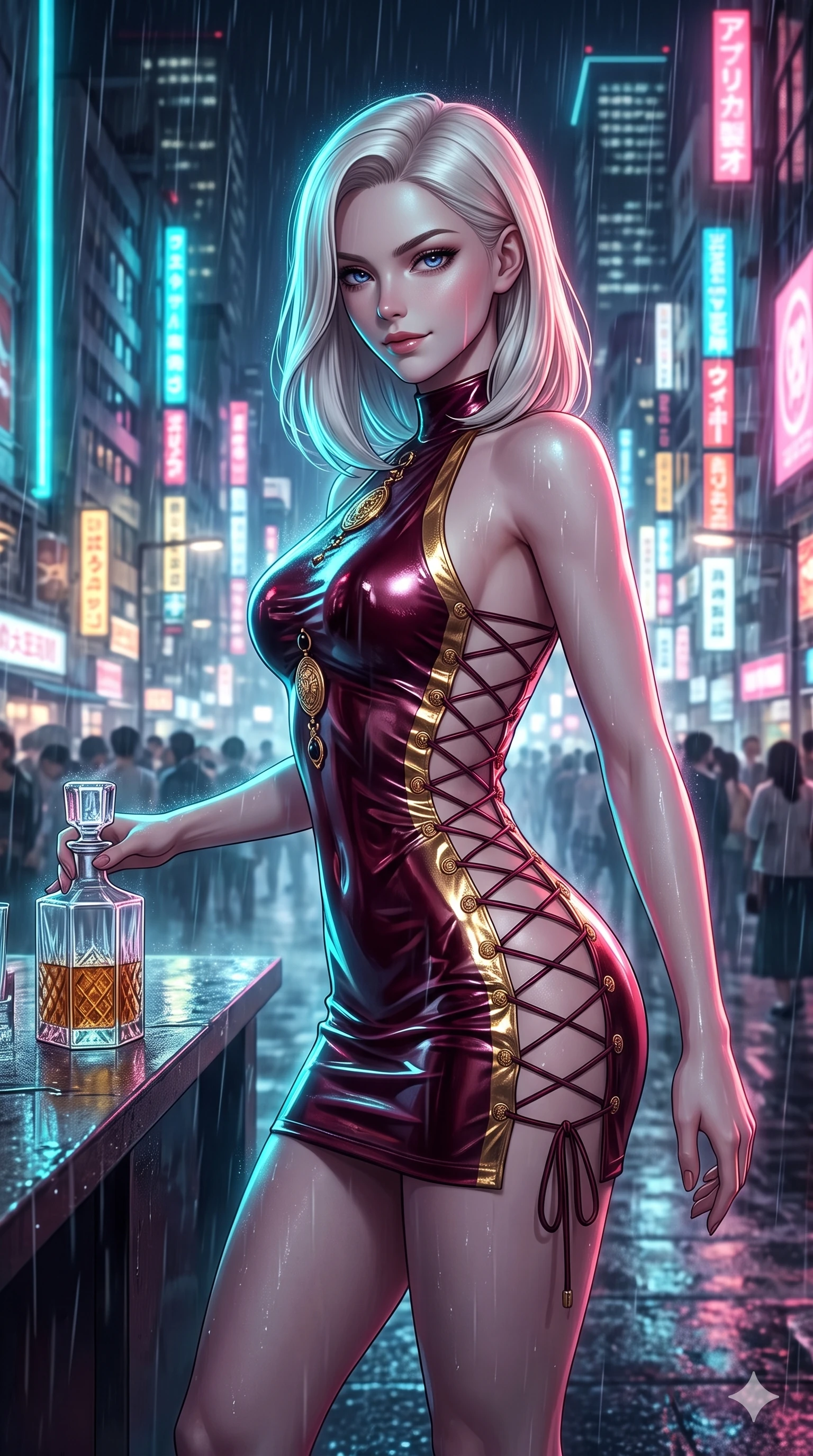 score_9, masterpiece, best quality, ultra-detailed, high-budget anime keyframe, semi-realistic 3D game render, editorial fashion photography, tasteful artistic composition, Caucasian woman. close-up cowboy shot from the waist and thighs up, the character dominates the composition, filling the frame with her large presence. twisting her slender torso in an alluring S-curve while reaching for a vintage crystal decanter, her dark tailored fit highlighting her hourglass curves while stepping forward into the rain-streaked neon light, head tilted slightly as her smoldering gaze captivates the lens. The surrounding environment is rendered in vivid detail and crisp panoramic clarity: detailed metallic leather mini dress cling, liquid mercury sheen, and modern Japanese cityscape in razor-sharp clarity. She has an exceptionally elegant, slender, and willowy female figure with an ultra-slim waist, flat toned midriff, narrow ribcage, and sculpted feminine hips creating an alluring, slim hourglass silhouette without bulk. sharp v-shaped jawline, high-bridge nose, intricate jewel-like dark sparkling eyes with dangerous depth, thick curled eyelashes, glossy parted lips with a rich wine sheen, smoldering seductive half-smile with bedroom-eyes, exuding effortless superiority and intoxicating dark allure, flawlessly proportioned anatomical accuracy, strict slender model proportions, natural body alignment, perfectly sculpted long slender limbs, ultra-slim waistline, clean dynamic posture without body distortion. wearing a liquid-look wet vinyl micro-mini dress clinging like a second skin with hip-high side cutouts in deep wine burgundy and lustrous gold foil, featuring fine criss-cross satin back lacing tracing her slender spine, finished with an authentic engraved gold medallion and obsidian cabochons, the bespoke structured tailoring following the natural line of her 8.5-heads silhouette with refined elegance. illuminated by mirror-wet road surface bounce and sharp electric-cyan rim lights defining her razor-sharp jawline, narrow waist, and curvy hips. highly saturated vibrant anime colors, detailed shading with soft gradients, rich glossy textures, high-contrast stereoscopic depth, volumetric dynamic lighting, master piece, 9:16 ratio