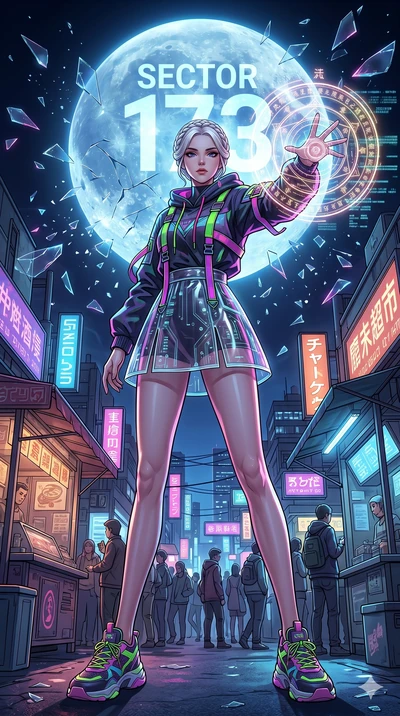 score_9, masterpiece, best quality, ultra-detailed, Set A: High-budget Anime Keyframe, Japanese woman. Low angle cowboy shot filling the entire 9:16 frame with her statuesque presence. Casting a spell through a futuristic night market, with a massive