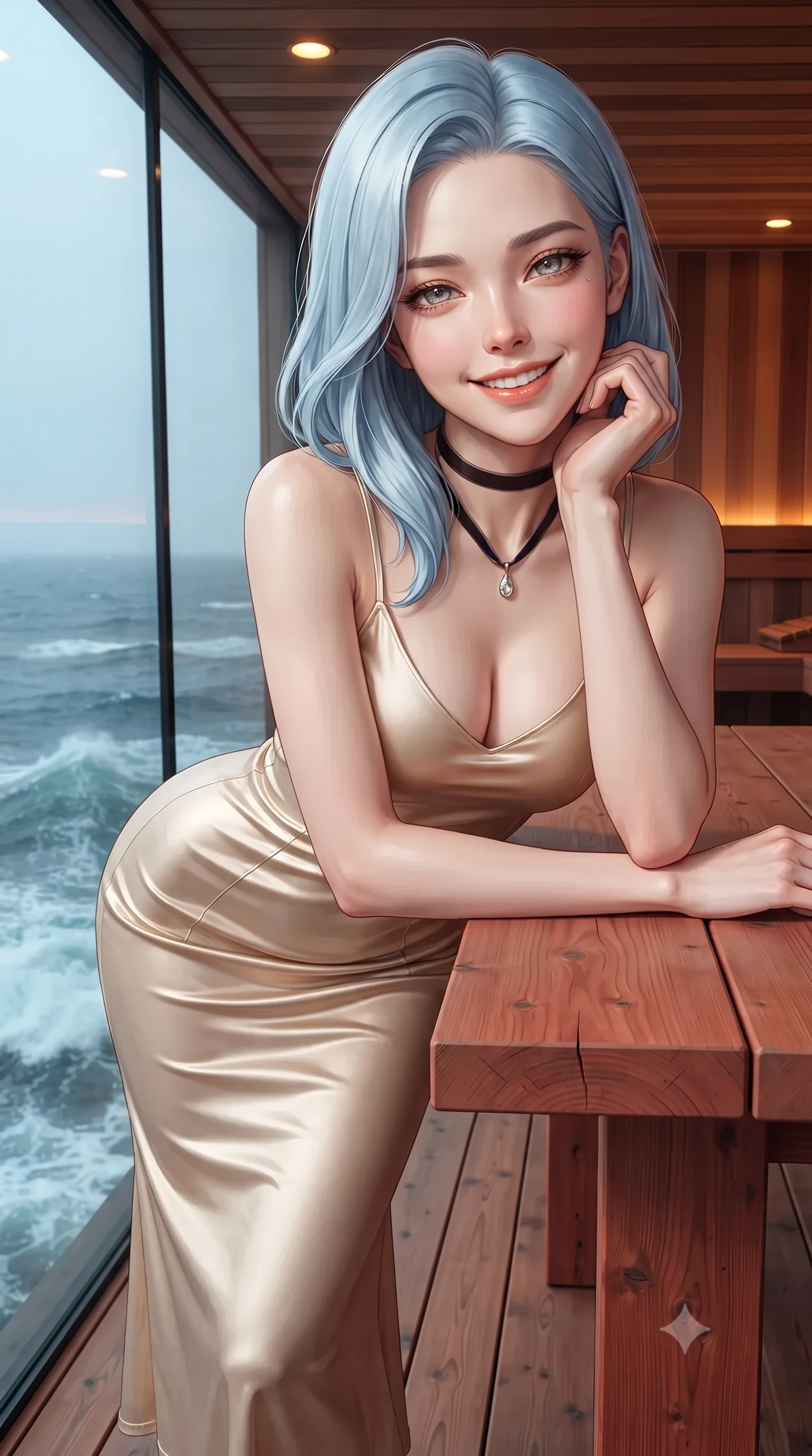 score_9, masterpiece, best quality, ultra-detailed, high-budget anime keyframe, editorial fashion photography, tasteful artistic composition, Korean woman. close-up cowboy shot from the waist and thighs up, the character dominates the composition, filling the frame with her large presence. resting one elbow on the table and supporting her chin, leaning close to the camera with heavy-lidded sparkling eyes and parted lips while standing poised on the aromatic red cedar deck inside the cantilevered oceanfront sauna, arching her lower back with wet-look siren grace as Arctic swells crash below. The surrounding environment is rendered in vivid detail and crisp panoramic clarity: detailed garment lines, wet cling or bodycon fit, and minimalist Scandinavian architecture in high resolution. She has an exceptionally elegant, slender, and willowy female figure with an ultra-slim waist, flat toned midriff, narrow ribcage, and sculpted feminine hips creating an alluring, slim hourglass silhouette without bulk. sharp v-shaped jawline, high-bridge nose, intricate jewel-like sparkling eyes with depth, thick eyelashes, glossy parted lips with a natural peach sheen, bright cheerful beaming smile with an enchanting and coquettish sensual glint, exuding both youthful cute charm and seductive allure, flawlessly proportioned anatomical accuracy, strict slender model proportions, natural body alignment, perfectly sculpted long slender limbs, ultra-slim waistline, clean dynamic posture without body distortion. wearing a sculpted liquid satin bias-cut slip dress tailored with contouring seams that adhere flawlessly over her feminine hips in Deauville Belle Époque champagne luster and seafoam pearl, crafted from bespoke double-faced cashmere with an exceptionally soft tactile finish, finished with a thin velvet ribbon choker and a single teardrop diamond pendant, the second-skin tailored fabric adhering flawlessly to her sculpted flat midriff and slender torso, emphasizing her long leg lines and perfectly proportioned willowy build. bathed in warm 2200K interior sauna amber downlights contrasted with cool 5500K Arctic oceanic daylight through glass. ultra-reflective glossy finish, specular highlights, rich textural contrasts, high-contrast stereoscopic depth, volumetric dynamic lighting, 2k, ultra detail, master piece, 9:16 ratio