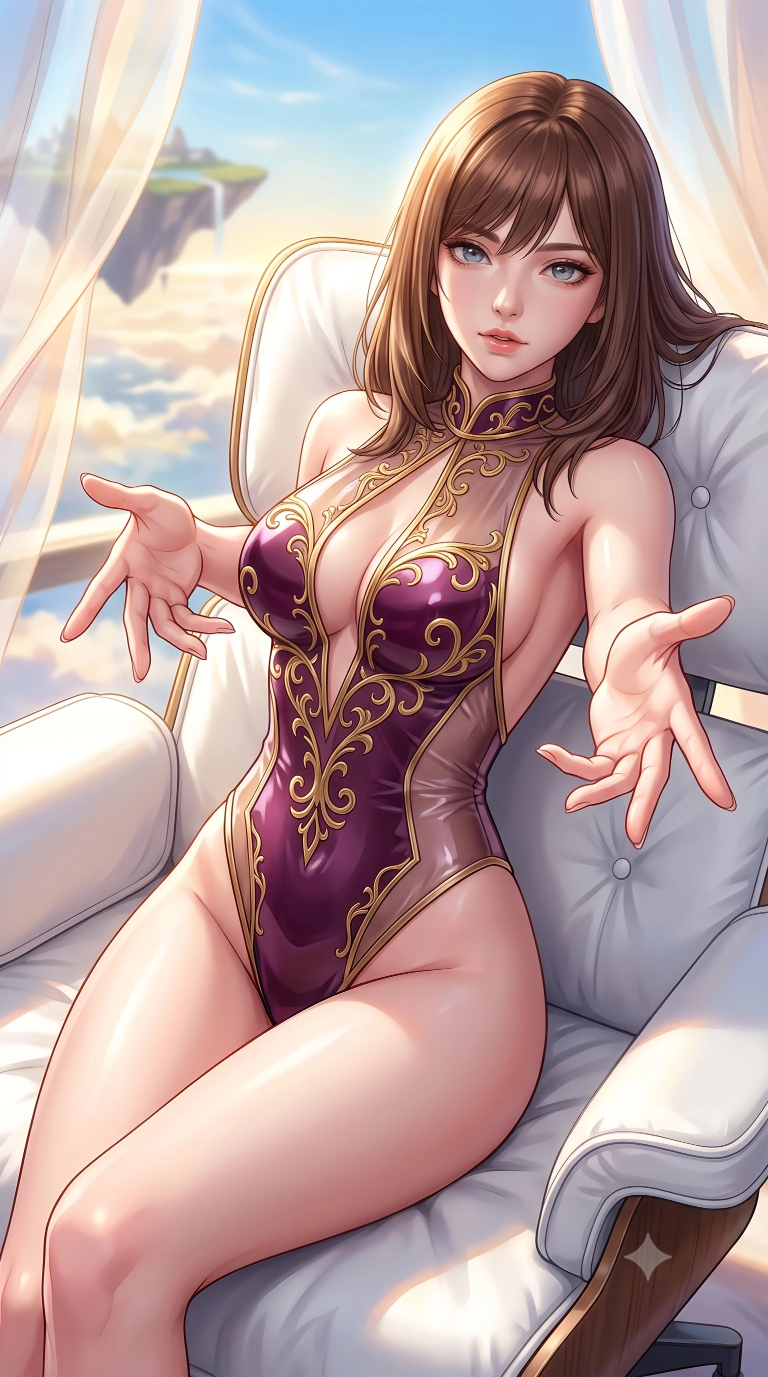 score_9, masterpiece, best quality, ultra-detailed, high-budget anime keyframe, editorial fashion photography, tasteful artistic composition, Korean woman. close-up cowboy shot from the waist and thighs up, the character dominates the composition, filling the frame with her large presence, background elements kept in soft focus. Reaching one hand gracefully toward the viewer with effortless superiority and allure resting on a luxurious white lounge chair overlooking a floating sky island, translucent silk curtains drifting lazily in a warm sky breeze. She has an exceptionally elegant, slender, and willowy female figure with an ultra-slim waist, a gracefully sculpted slender torso, and a refined silhouette. sharp v-shaped jawline, high-bridge nose, intricate jewel-like eyes with depth, thick eyelashes, glossy lips with a natural sheen. wearing a high-cut translucent vinyl leotard with front paneling and open back in plum purple and gold filigree, crafted from smooth liquid silk, accented with a Tasteful chest slit framing her clavicle gracefully, the glove-like fit emphasizing her statuesque silhouette. surrounded by a bright, luxurious aura of warm sunshine and sky reflections. highly saturated vibrant anime colors, detailed shading with soft gradients, rich glossy textures, high-contrast stereoscopic depth, volumetric dynamic lighting, master piece, 9:16 ratio
