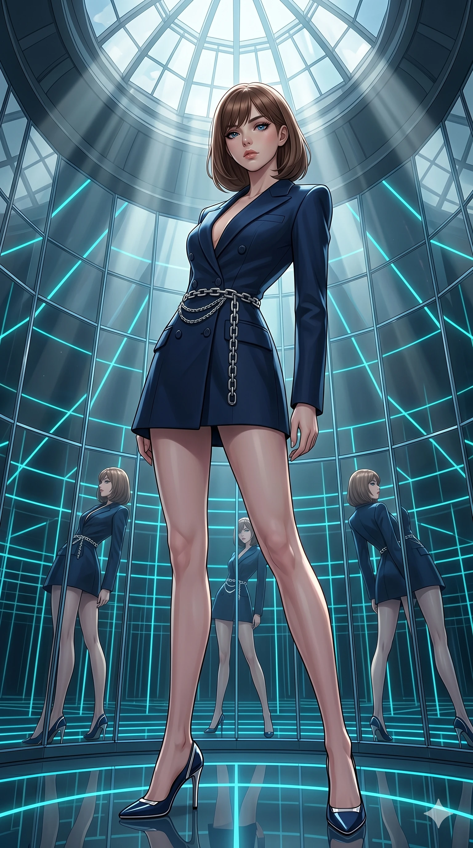 score_9, masterpiece, best quality, ultra-detailed, high-budget anime keyframe, editorial fashion photography, tasteful artistic composition, Caucasian woman, strictly human ears. low angle full-body shot from head to toe showing her feet, filling the entire 9:16 vertical frame with her statuesque presence, stretching her vertical silhouette. Arching her back in a graceful controlled backward pose within a circular chamber of rotating mirror panels reflecting laser lines of cyan. She has an absolutely perfect 8-heads proportion, an exceptionally tall and slender female figure with impossibly long slender legs and an ultra-slim waist. V-shaped jawline, high-bridge nose, intricate jewel-like eyes with depth, thick eyelashes, glossy lips with a natural sheen. wearing a double-breasted blazer dress in deep navy wool with a plunging collar line, cinched at the waist by an architectural silver chain belt. drenched in cinematic god-ray sunlight descending from a vaulted glass ceiling, illuminating her form. 2k, ultra detail, master piece, 9:16 ratio
