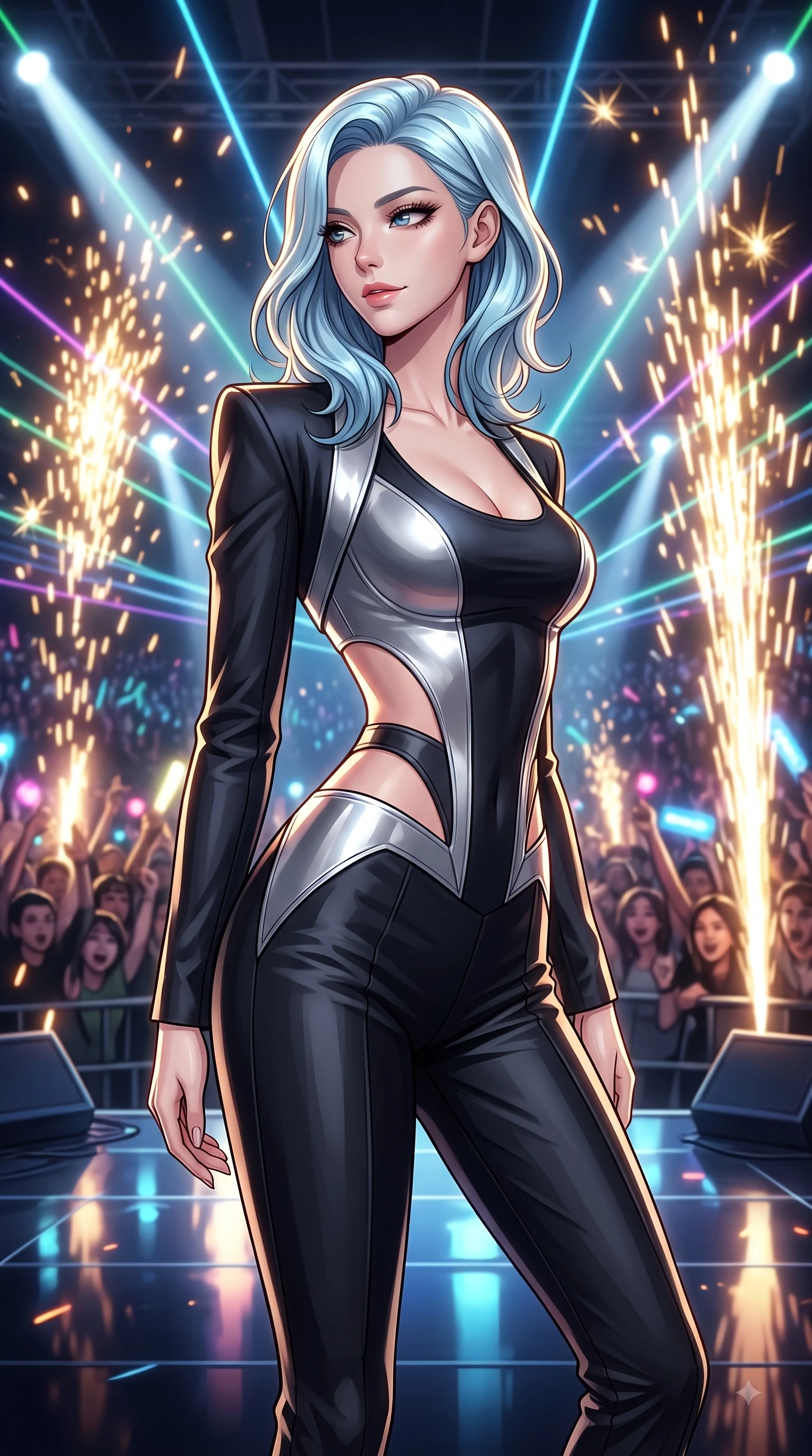 score_9, masterpiece, best quality, ultra-detailed, high-budget anime keyframe, editorial fashion photography, tasteful artistic composition, Korean woman. close-up cowboy shot from the waist and thighs up, the character dominates the composition, filling the frame with her large presence, background elements kept in soft focus. Casting a seductive sidelong gaze over her bare shoulder with heavy lashes and a composed half-smile while holding a powerful, seductive stage pose under intense laser beams on a stadium concert stage, shiny dark stage surface reflecting every concert light beam vividly. She has an exceptionally elegant, slender, and willowy female figure with an ultra-slim waist, a gracefully sculpted slender torso, and a refined silhouette. sharp v-shaped jawline, high-bridge nose, intricate jewel-like eyes with depth, thick eyelashes, glossy lips with a natural sheen, flawlessly proportioned anatomical accuracy, natural body alignment, perfectly sculpted elegant limbs, clean dynamic posture without body distortion. wearing a tailored silk blazer over a form-contouring scoop-neck top and slacks in matte black and polished silver, crafted from lustrous satin jersey with fluid draping, featuring clean architectural cutouts along her slender torso, the glove-like fit emphasizing her statuesque silhouette during motion. illuminated by golden spark explosions and high-contrast concert lighting. highly saturated vibrant anime colors, detailed shading with soft gradients, rich glossy textures, high-contrast stereoscopic depth, volumetric dynamic lighting, master piece, 9:16 ratio