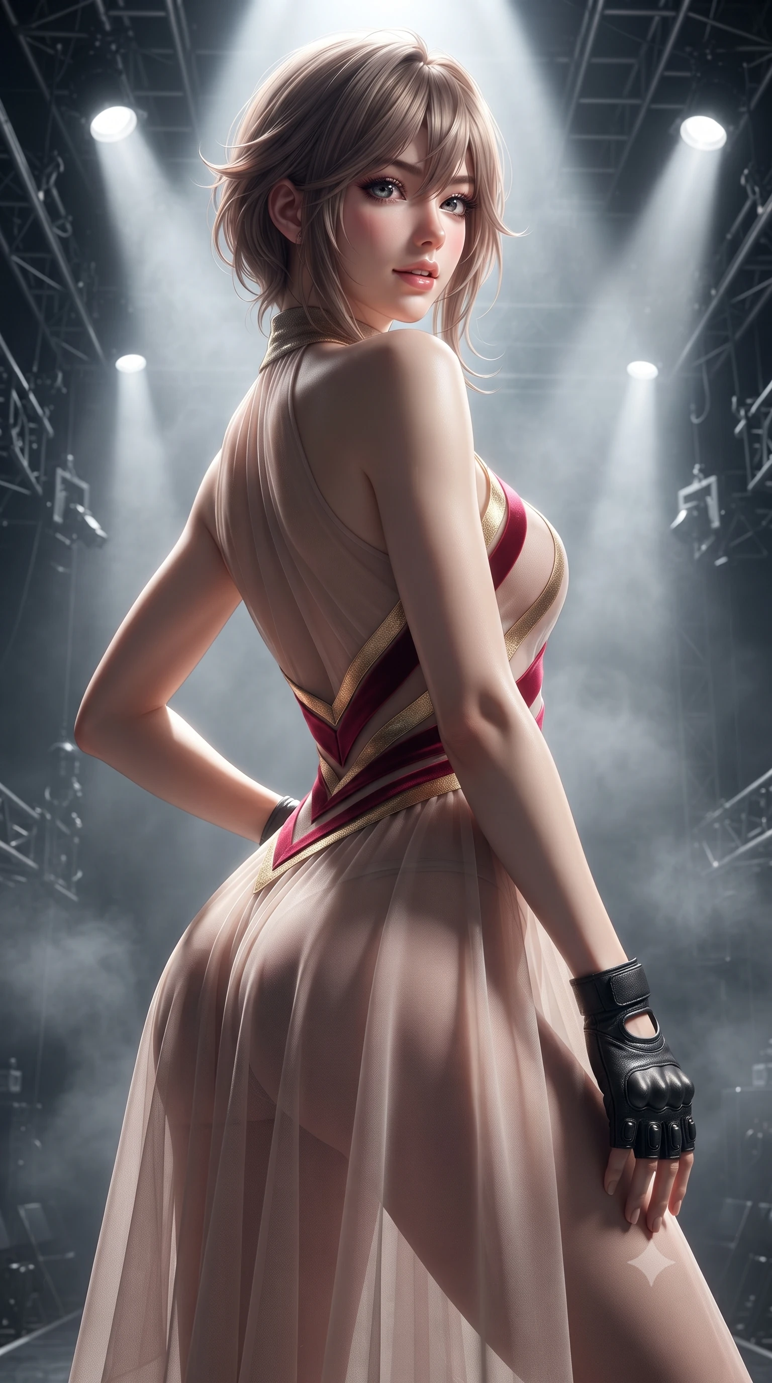 score_9, masterpiece, best quality, ultra-detailed, high-budget anime keyframe, editorial fashion photography, tasteful artistic composition, Japanese woman. close-up cowboy shot from the waist and thighs up, the character dominates the composition, filling the frame with her large presence. posing in an alluring rear three-quarter angle, looking over a bare shoulder with parted glossy lips, her hips cocked back to highlight her slim hourglass curve while twisting her slender torso in an alluring S-curve, theatrical stage spotlights casting dramatic shadows across her waist and hips. The surrounding environment is rendered in vivid detail and crisp panoramic clarity: detailed lace corset bodice weave, sparkling jewelry glints, and complex stage mechanics in razor-sharp precision. She has an exceptionally elegant, slender, and willowy female figure with an ultra-slim waist, flat toned midriff, narrow ribcage, and sculpted feminine hips creating an alluring, slim hourglass silhouette without bulk. sharp v-shaped jawline, high-bridge nose, sparkling eyes with hypnotic seductive depth, thick curled eyelashes, glossy parted lips with a natural dewy peach sheen, alluring bedroom-eyes with an enchanting coquettish smile, exuding magnetic siren charisma and sophisticated glamour, flawlessly proportioned anatomical accuracy, strict slender model proportions, natural body alignment, perfectly sculpted long slender limbs, ultra-slim waistline, clean dynamic posture without body distortion. wearing a provocative high-neck sheer illusion ballet dress with liquid satin ribbons contouring her curves in royal opera house crimson velvet and shimmering gold leaf, made of sheer gossamer chiffon that drapes softly against skin with airy translucence, finished with fingerless matte leather tactical driving gloves with reinforced knuckles, the form-contouring silhouette accentuating her sculpted flat midriff, narrow delicate ribcage, and gracefully curvy hips with intoxicating allure. bathed in dramatic theatrical follow-spotlight beams cutting through hazy stage air. ultra-reflective glossy finish, specular highlights, rich textural contrasts, high-contrast stereoscopic depth, volumetric dynamic lighting, 2k, ultra detail, master piece, 9:16 ratio