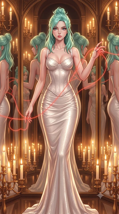 score_9, masterpiece, best quality, ultra-detailed, High-budget Anime Keyframe, East Asian woman. Dynamic full-body shot stretching the vertical silhouette to the limit. Scenario 520: tracing a glowing red thread of fate with her fingers in a hall of