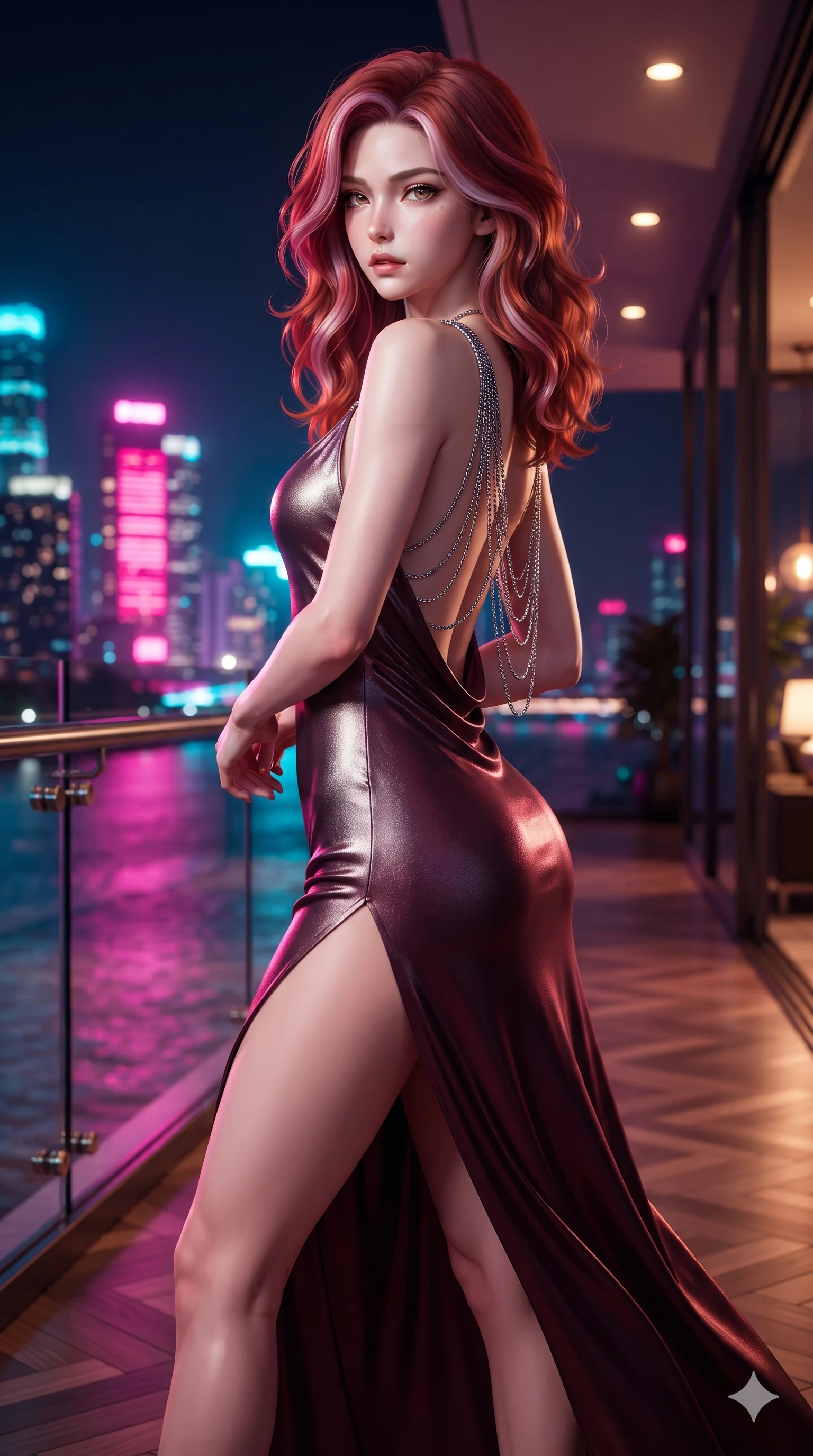 score_9, masterpiece, best quality, ultra-detailed, high-budget anime keyframe, editorial fashion photography, tasteful artistic composition, Caucasian woman. close-up cowboy shot from the waist and thighs up, the character dominates the composition, filling the frame with her large presence. twisting her slender torso in a deep contrapposto stance, hips dramatically shifted to accentuate her feminine curves while looking past her shoulder with smoldering bedroom-eyes while striding across the penthouse terrace as river breezes whip her high-slit dress open, accentuating her long slender legs and curvy hips. The surrounding environment is rendered in vivid detail and crisp panoramic clarity: sharp parquet floor reflection speculars, sleek tempered-glass balustrade clamps, and crisp river skyline architecture in deep focus. She has an exceptionally elegant, slender, and willowy female figure with an ultra-slim waist, flat toned midriff, narrow ribcage, and sculpted feminine hips creating an alluring, slim hourglass silhouette without bulk. sharp v-shaped jawline, high-bridge nose, intricate jewel-like sparkling eyes with depth, thick eyelashes, glossy parted lips with a natural sheen, intensely captivating and seductive bedroom-eyes expression, exuding both youthful cute charm and sovereign luxury allure, flawlessly proportioned anatomical accuracy, strict slender model proportions, natural body alignment, perfectly sculpted long slender limbs, ultra-slim waistline, clean dynamic posture without body distortion. wearing a form-contouring gossamer silk chiffon slip dress with a hip-high slit and open cowl back clinging with dewy moisture in deep wine burgundy and brushed dark platinum, crafted from luxurious metallic lamé that shifts radiance with every step, accented with an open-back drape framed by falling strands of delicate chrome chains, the precision-cut side openings and low-back scoop framing her graceful spine and the sensual sweep of her slim, toned hips. bathed in vibrant magenta and electric cyan river skyline reflections contrasting with warm amber interior downlights. ultra-reflective glossy finish, specular highlights, rich textural contrasts, high-contrast stereoscopic depth, volumetric dynamic lighting, 2k, ultra detail, master piece, 9:16 ratio