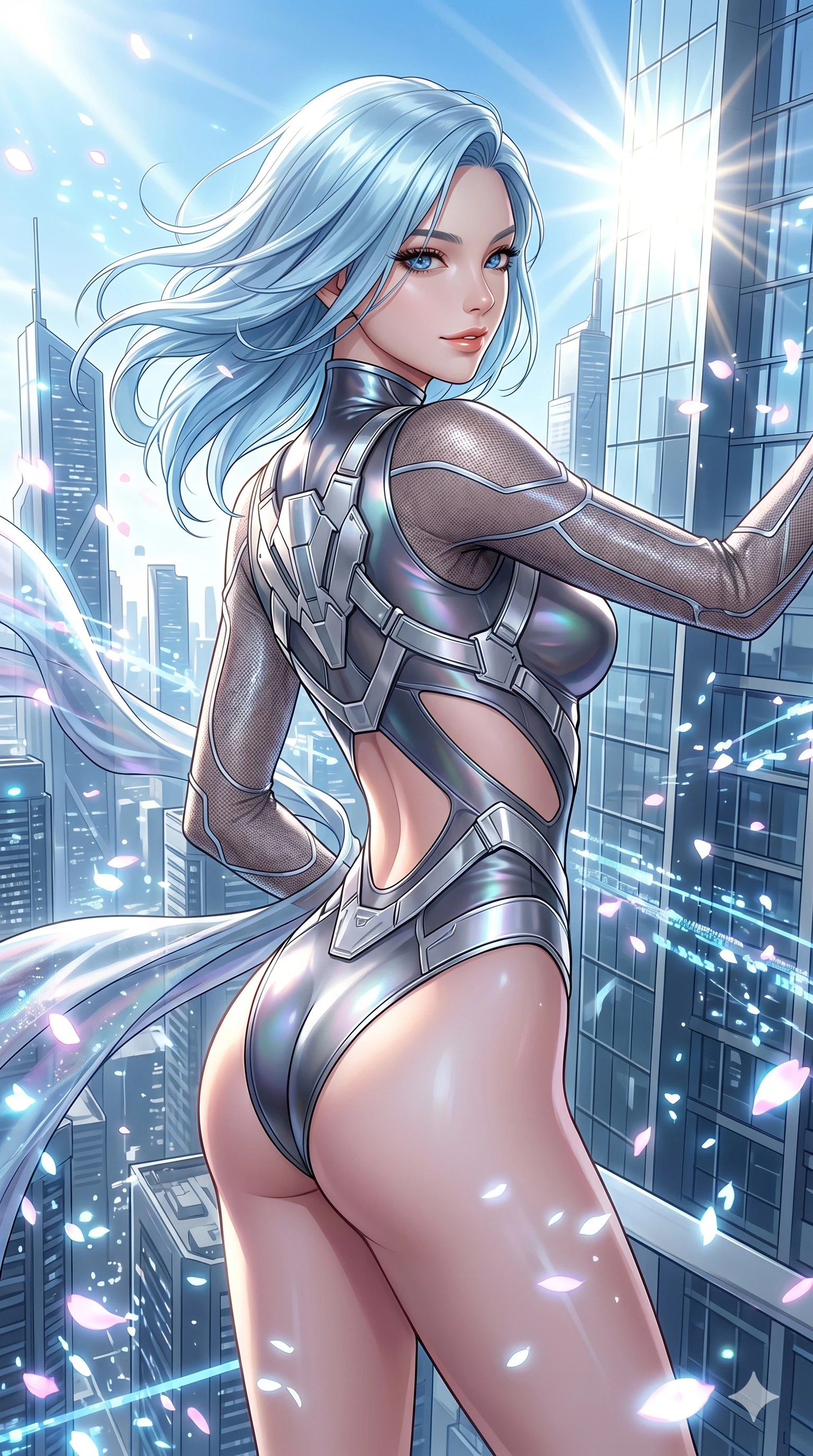 score_9, masterpiece, best quality, ultra-detailed, high-budget anime keyframe, editorial fashion photography, tasteful artistic composition, Korean woman. Upper body close-up from the thighs up, character filling the screen for maximum presence. She is standing on the edge of a skyscraper, her hair and clothes whipping in the wind as cybernetic sakura petals blizzard around. She twists her upper body dramatically with a confident half-smile. She has an absolutely perfect 8-heads proportion, an exceptionally tall and slender female figure with impossibly long slender legs and an ultra-slim waist. V-shaped jawline, high-bridge nose, intricate jewel-like eyes with depth, thick eyelashes, glossy lips with a natural sheen. She is wearing an ultra-sleek high-cut tech-bodysuit featuring dangerous diagonal slitted cutouts on the midriff and shoulders, reinforced by a metallic silver harness and sheer mesh sleeves. The scene is bathed in brilliant morning sunlight and sharp sun rays reflecting off distant glass skyscrapers. 2k, ultra detail, master piece, 9:16 ratio