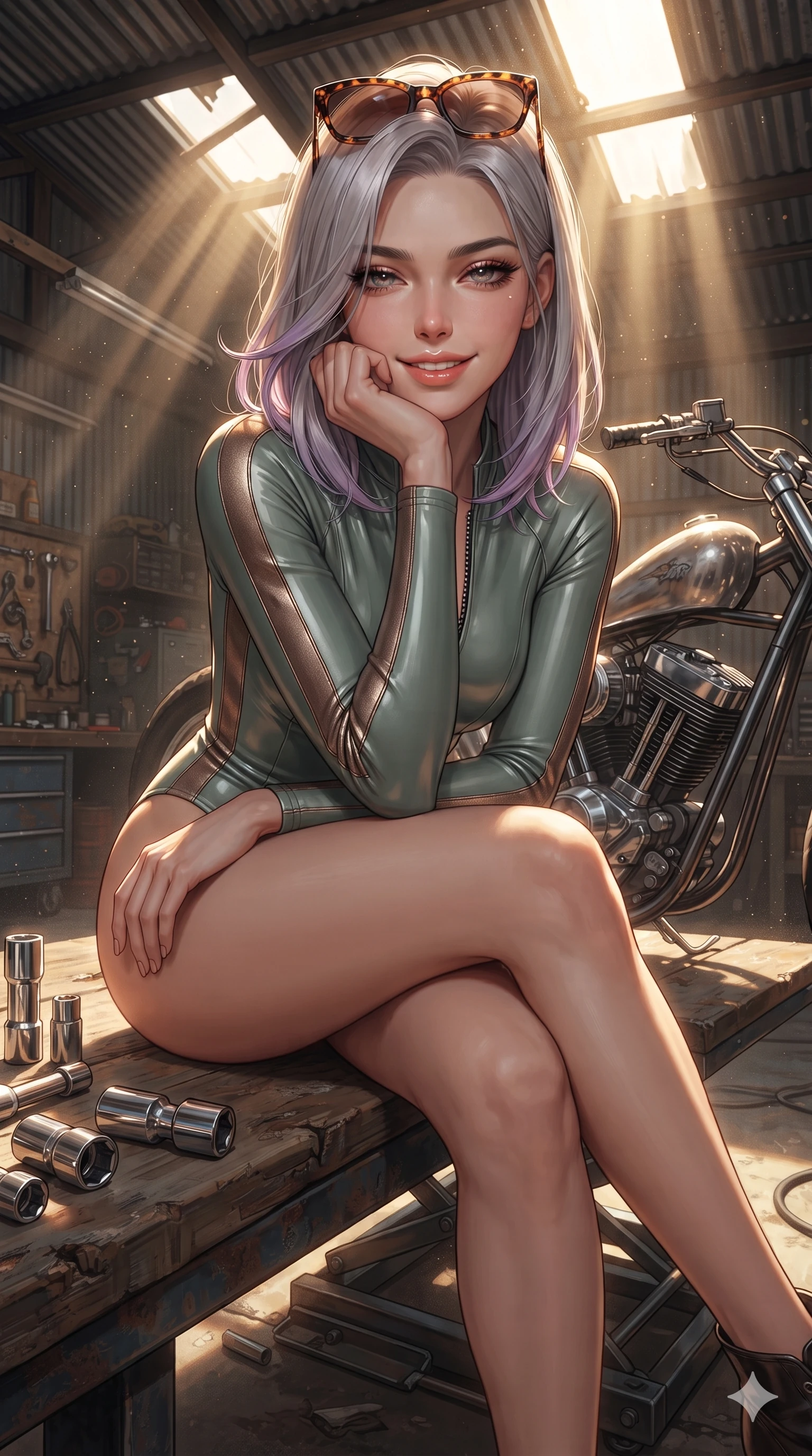 score_9, masterpiece, best quality, ultra-detailed, high-budget anime keyframe, editorial fashion photography, tasteful artistic composition, Caucasian woman. close-up cowboy shot from the waist and thighs up, the character dominates the composition, filling the frame with her large presence. resting one elbow on the workbench and supporting her chin, leaning close to the camera with heavy-lidded sparkling eyes and parted lips while sitting perched on a custom motorcycle frame on a hydraulic lift with legs crossed, flashing a dangerous, captivating smile with parted glossy lips. The surrounding environment is rendered in vivid detail and crisp panoramic clarity: sharp polished chrome socket wrench heads, engine cylinder head fins, and weathered workbench wood grain in deep focus. She has an exceptionally elegant, slender, and willowy female figure with an ultra-slim waist, flat toned midriff, narrow ribcage, and sculpted feminine hips creating an alluring, slim hourglass silhouette without bulk. sharp v-shaped jawline, high-bridge nose, sparkling eyes with hypnotic seductive depth, thick curled eyelashes, glossy parted lips with a natural dewy peach sheen, alluring bedroom-eyes with an enchanting coquettish smile, exuding magnetic siren charisma and sophisticated glamour, flawlessly proportioned anatomical accuracy, strict slender model proportions, natural body alignment, perfectly sculpted long slender limbs, ultra-slim waistline, clean dynamic posture without body distortion. wearing a form-contouring wet-look neoprene zip-front surfing bodysuit with high-cut leg openings and racing side stripes in metallic bronze lamé and dusty desert sage, tailored from second-skin technical compression neoprene with athletic curve-sculpting stretch, complemented by oversized designer tortoiseshell sunglasses resting atop her head, the liquid-tight tailored fabric clinging flawlessly to her narrow waist and rounded feminine hips, emphasizing every millimeter of her sculpted slim hourglass curves without any bulky heaviness. bathed in dramatic shafts of golden afternoon sunlight cutting through corrugated roof cracks and dusty air with intense chiaroscuro contrast. ultra-reflective glossy finish, specular highlights, rich textural contrasts, high-contrast stereoscopic depth, volumetric dynamic lighting, 2k, ultra detail, master piece, 9:16 ratio