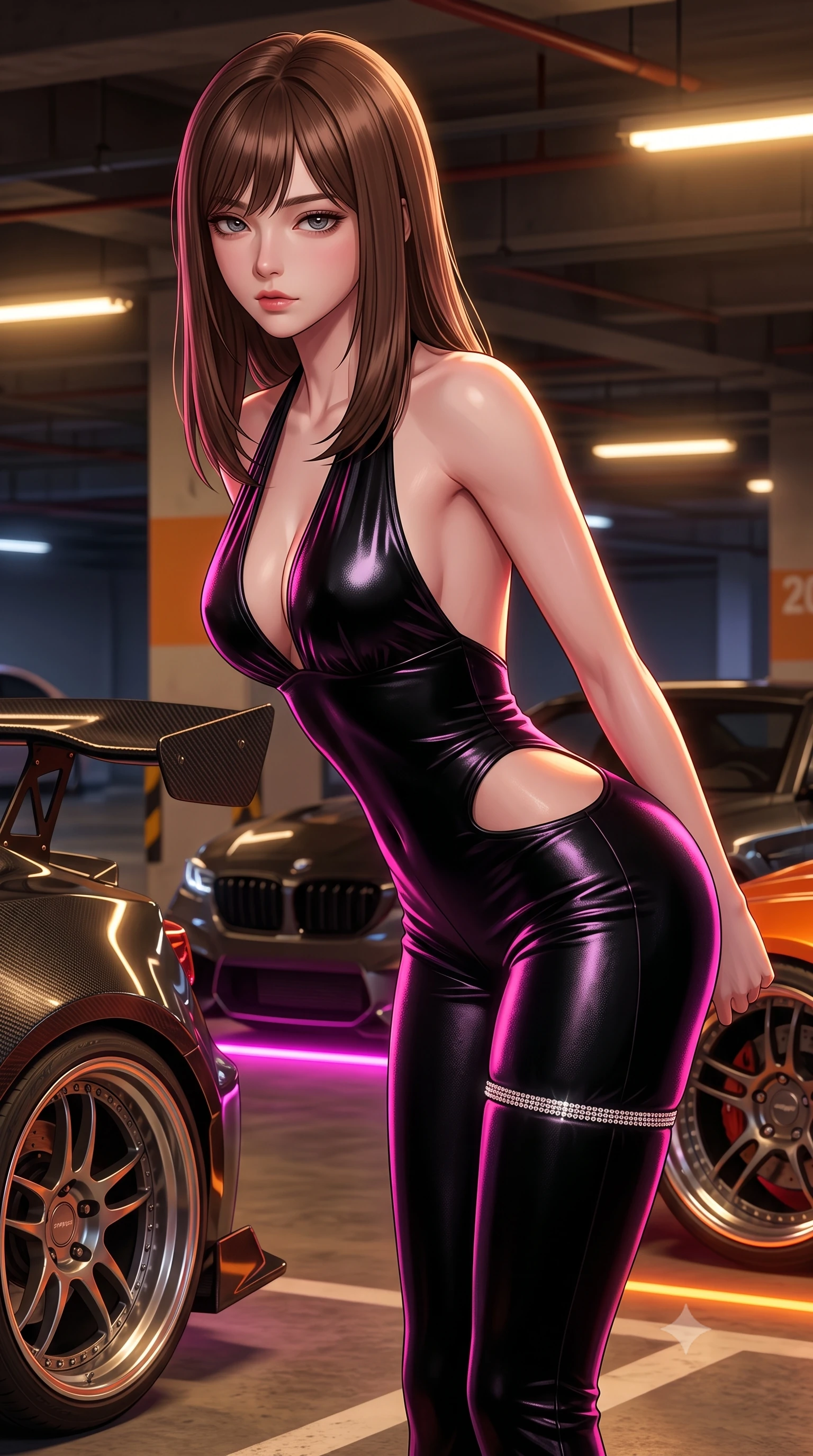score_9, masterpiece, best quality, ultra-detailed, high-budget anime keyframe, semi-realistic 3D game render, editorial fashion photography, tasteful artistic composition, Korean woman. close-up cowboy shot from the waist and thighs up, the character dominates the composition, filling the frame with her large presence. leaning forward while arching her lower back to accentuate her curvy hips, looking into the camera with an intoxicating smoldering gaze and bedroom-eyes while twisting her slender torso in an alluring S-curve, sodium parking lights and car underglow tracing her narrow waist and curvy hips. The surrounding environment is rendered in vivid detail and crisp panoramic clarity: sharp carbon-fiber aerodynamic wing weave, multi-piece alloy wheel rims, and tire tread grooves in deep focus. She has an exceptionally elegant, slender, and willowy female figure with an ultra-slim waist, flat toned midriff, narrow ribcage, and sculpted feminine hips creating an alluring, slim hourglass silhouette without bulk. sharp v-shaped jawline, high-bridge nose, sparkling eyes with hypnotic seductive depth, thick curled eyelashes, glossy parted lips with a natural dewy peach sheen, alluring bedroom-eyes with an enchanting coquettish smile, exuding magnetic siren charisma and sophisticated glamour, flawlessly proportioned anatomical accuracy, strict slender model proportions, natural body alignment, perfectly sculpted long slender limbs, ultra-slim waistline, clean dynamic posture without body distortion. wearing a liquid metallic lamé plunge halterneck jumpsuit clinging like a second skin with high-cut side hip cutouts in wet-look onyx black with electric fuchsia reflections, tailored from ultra-plush velvet with rich tactile depth and deep shadow gradients, accented with a delicate crystal-encrusted thigh garter strap glinting under the lights, the precision-cut side openings and low-back scoop framing her graceful spine and the sensual sweep of her slim, toned hips. bathed in warm industrial sodium-vapor parking floodlights mixed with vibrant car neon underglow. highly saturated vibrant anime colors, detailed shading with soft gradients, rich glossy textures, high-contrast stereoscopic depth, volumetric dynamic lighting, master piece, 9:16 ratio