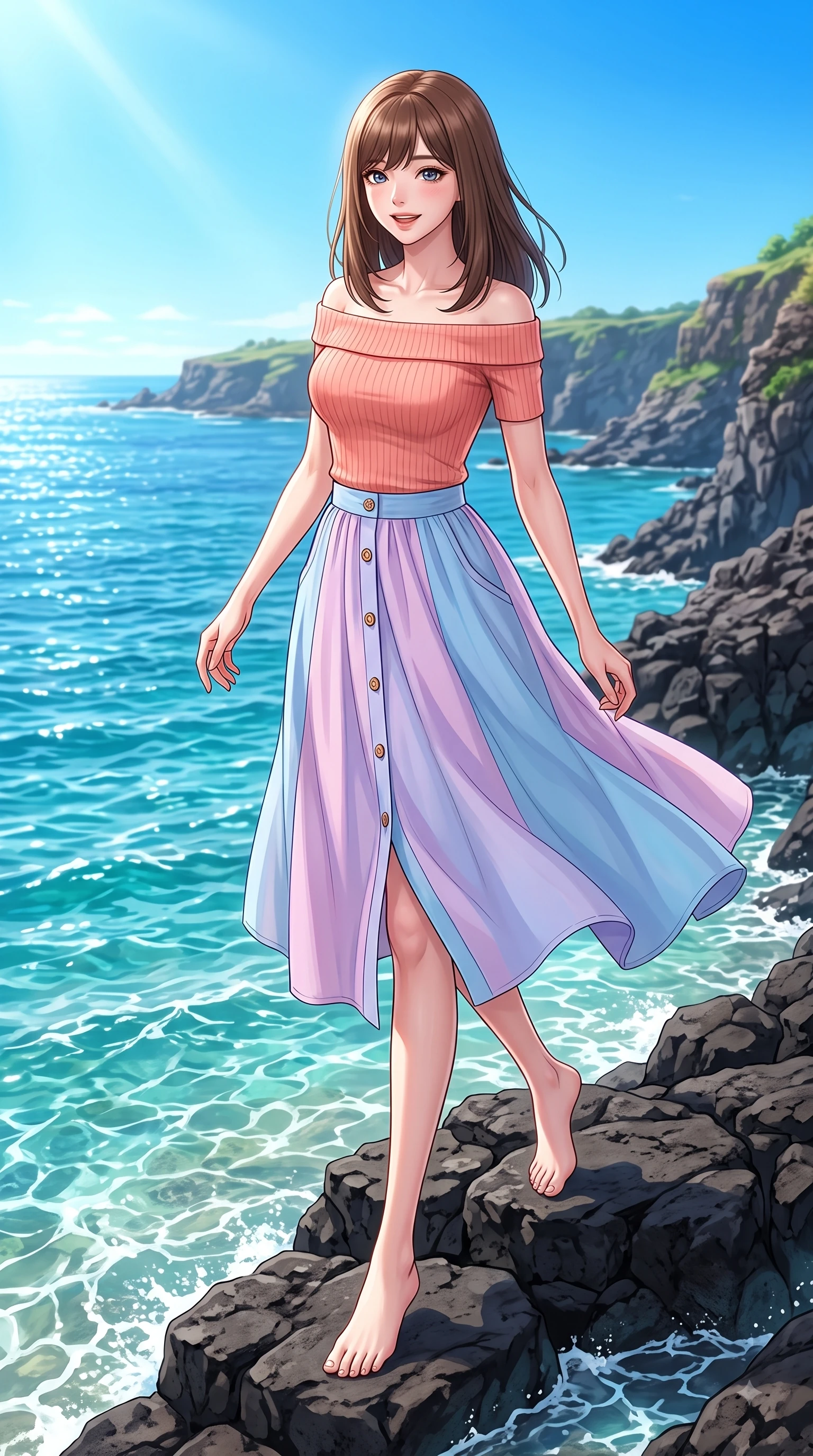 score_9, masterpiece, best quality, ultra-detailed, high-budget anime keyframe, editorial fashion photography, tasteful artistic composition, Korean woman. low angle full-body shot from head to toe showing her feet, filling the entire 9:16 vertical frame with her statuesque presence, stretching her vertical silhouette. stepping forward gracefully in mid-motion with a delighted cute expression, displaying her statuesque model proportions while pivoting dynamically on dark volcanic basalt rocks as clear turquoise ocean waves lap near the shoreline. The surrounding environment is rendered in vivid detail and crisp panoramic clarity. glistening ocean water refractions and scenic coastal cliffs captured in sharp environmental detail. She has an absolutely perfect, statuesque 8.5-heads proportion, an exceptionally tall and slender model-like female figure with impossibly long slender legs and an ultra-slim waist. sharp v-shaped jawline, high-bridge nose, intricate jewel-like eyes with depth, thick eyelashes, glossy lips with a natural sheen, flawlessly proportioned anatomical accuracy, natural body alignment, perfectly sculpted elegant limbs, clean dynamic posture without body distortion. wearing a soft coral off-shoulder ribbed knit top paired with a flowy white A-line midi skirt in soft pastel lavender and sky blue, tailored from crisp cotton poplin, finished with neat front wooden buttons and pocket details, the breezy lightweight fabric fluttering softly against her delicate frame. bathed in brilliant tropical sunshine and glittering ocean water refractions. highly saturated vibrant anime colors, detailed shading with soft gradients, rich glossy textures, high-contrast stereoscopic depth, volumetric dynamic lighting, master piece, 9:16 ratio