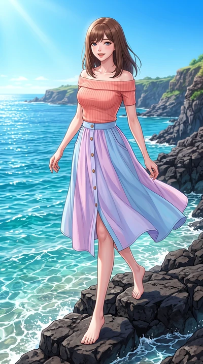 score_9, masterpiece, best quality, ultra-detailed, high-budget anime keyframe, editorial fashion photography, tasteful artistic composition, Korean woman. low angle full-body shot from head to toe showing her feet, filling the entire 9:16 vertical f