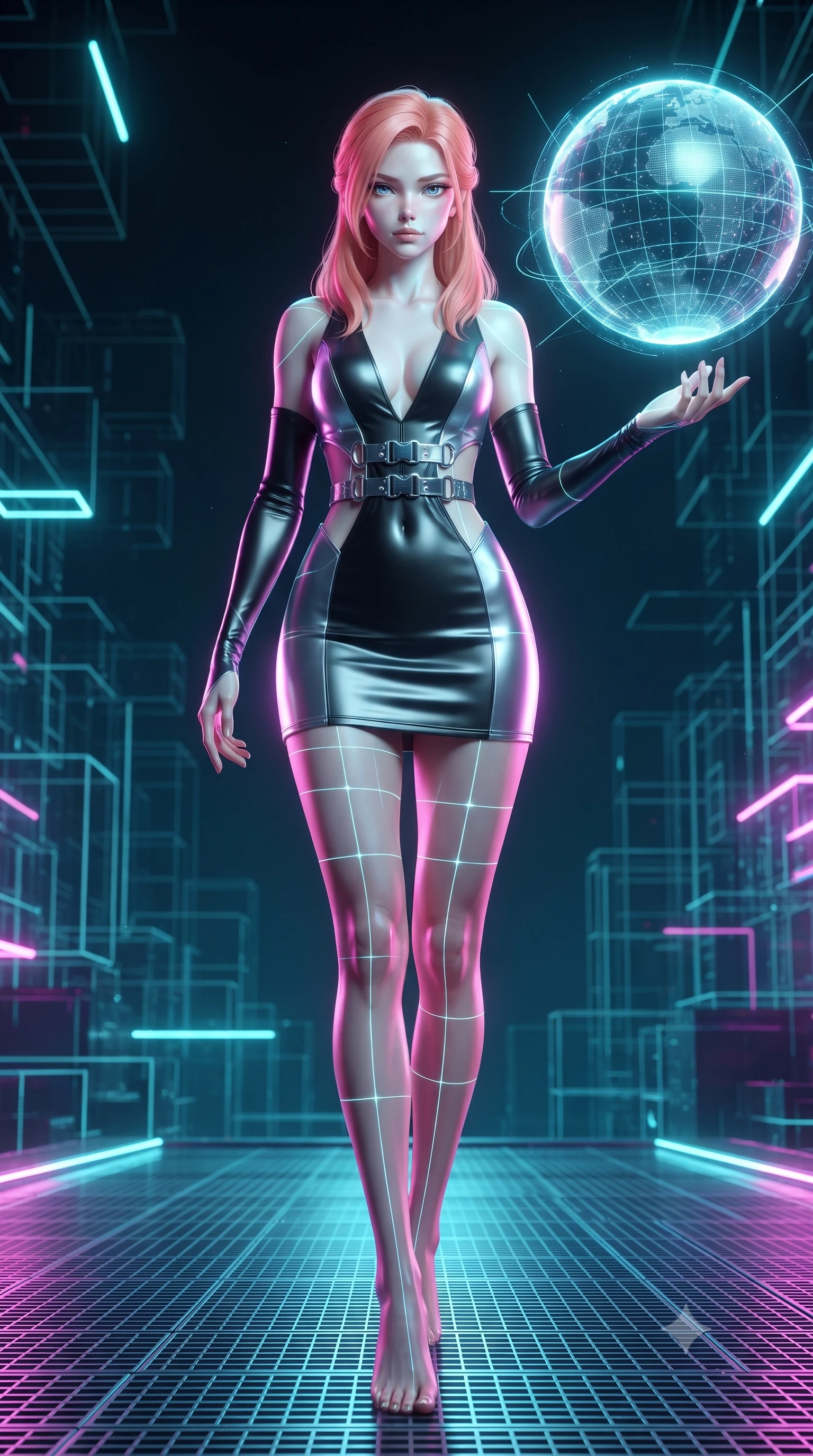 score_9, masterpiece, best quality, ultra-detailed, high-budget anime keyframe, editorial fashion photography, tasteful artistic composition, Japanese woman. low angle full-body shot from head to toe showing her feet, filling the entire 9:16 vertical frame with her statuesque presence, stretching her vertical silhouette. interacting gracefully with the magical floating elements while maintaining a confident posture interacting with a giant glowing holographic globe of a cybernetic planet, laser lines casting precise geometric grid highlights on her athletic form. She has an absolutely perfect, statuesque 8.5-heads proportion, an exceptionally tall and slender model-like female figure with impossibly long slender legs and an ultra-slim waist. sharp v-shaped jawline, high-bridge nose, intricate jewel-like eyes with depth, thick eyelashes, glossy lips with a natural sheen. wearing a liquid mercury gloss mini dress with ultra-deep V-neck and waist cutouts in matte black and polished silver, crafted from smooth liquid silk, detailed with polished silver buckles along the waistline, the glove-like fit emphasizing her statuesque silhouette. bathed in brilliant neon cyan and magenta rim light with clean white ambient glow. ultra-reflective glossy finish, specular highlights, metallic sheen, high-contrast stereoscopic depth, volumetric dynamic lighting, 2k, ultra detail, master piece, 9:16 ratio