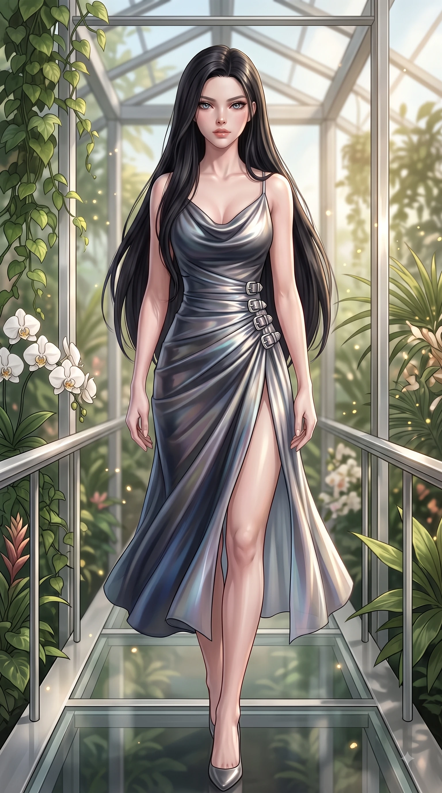 score_9, masterpiece, best quality, ultra-detailed, high-budget anime keyframe, editorial fashion photography, tasteful artistic composition, Korean woman. close-up cowboy shot from the waist and thighs up, the character dominates the composition, filling the frame with her large presence, background elements kept in soft focus. Gazing past the lens with smoldering intensity as her torso curves dynamically in mid-stride while walking along a platinum-framed glass walkway flanked by lush green vines and white orchids, glowing pollen particles drifting gracefully around her statuesque silhouette. She has an exceptionally elegant, slender, and willowy female figure with an ultra-slim waist, a gracefully sculpted slender torso, and a refined silhouette. sharp v-shaped jawline, high-bridge nose, intricate jewel-like eyes with depth, thick eyelashes, glossy lips with a natural sheen, flawlessly proportioned anatomical accuracy, natural body alignment, perfectly sculpted elegant limbs, clean dynamic posture without body distortion. wearing an elegant cowl-neck satin midi dress with a graceful draped neckline in charcoal grey and platinum, crafted from iridescent chiffon that shifts colors in the light, detailed with polished silver buckles along the waistline, the form-contouring material highlighting her ultra-slim waist and long lines. surrounded by a bright, airy ambiance with radiant white and green highlights. ultra-reflective glossy finish, specular highlights, metallic sheen, high-contrast stereoscopic depth, volumetric dynamic lighting, 2k, ultra detail, master piece, 9:16 ratio