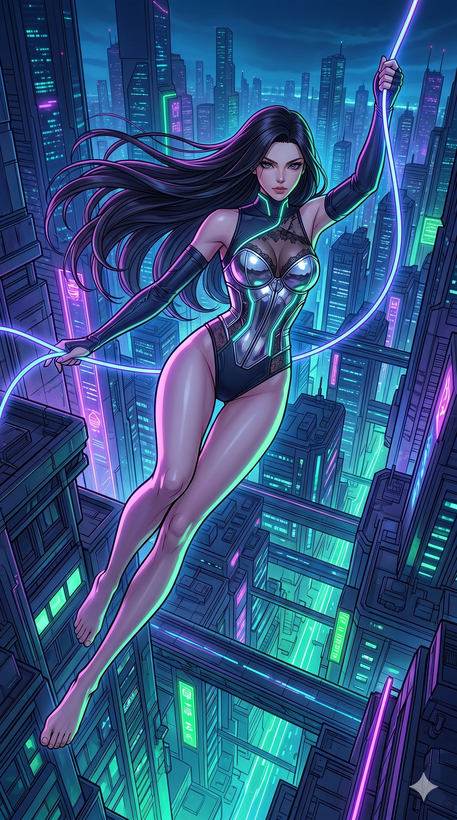 score_9, masterpiece, best quality, ultra-detailed, high-budget anime movie keyframe, cinematic anime lighting, intricate line art, Caucasian (strictly human ears) woman. Low angle cowboy shot capturing a powerful motion and statuesque presence. swinging from a neon cable high above a sprawling mega-city. She has an absolutely perfect 8-heads proportion, an exceptionally tall and slender female figure with an ultra-slim waist and impossibly long slender legs. strictly human anatomy, two legs only, no extra limbs, clearly defined legs and arms, perfect anatomy, perfect hands and fingers. sharp v-shaped jawline, high-bridge nose, intricate jewel-like eyes, thick eyelashes, glossy lips. Wearing Cyber-Tech Legacy: Asymmetrical high-cut tech-bodysuit with detached sleeves and chrome-plated corset over sheer lace. The scene is illuminated by dramatic atmospheric lighting and vibrant color palettes. , 2k, ultra detail, master piece, 9:16 ratio