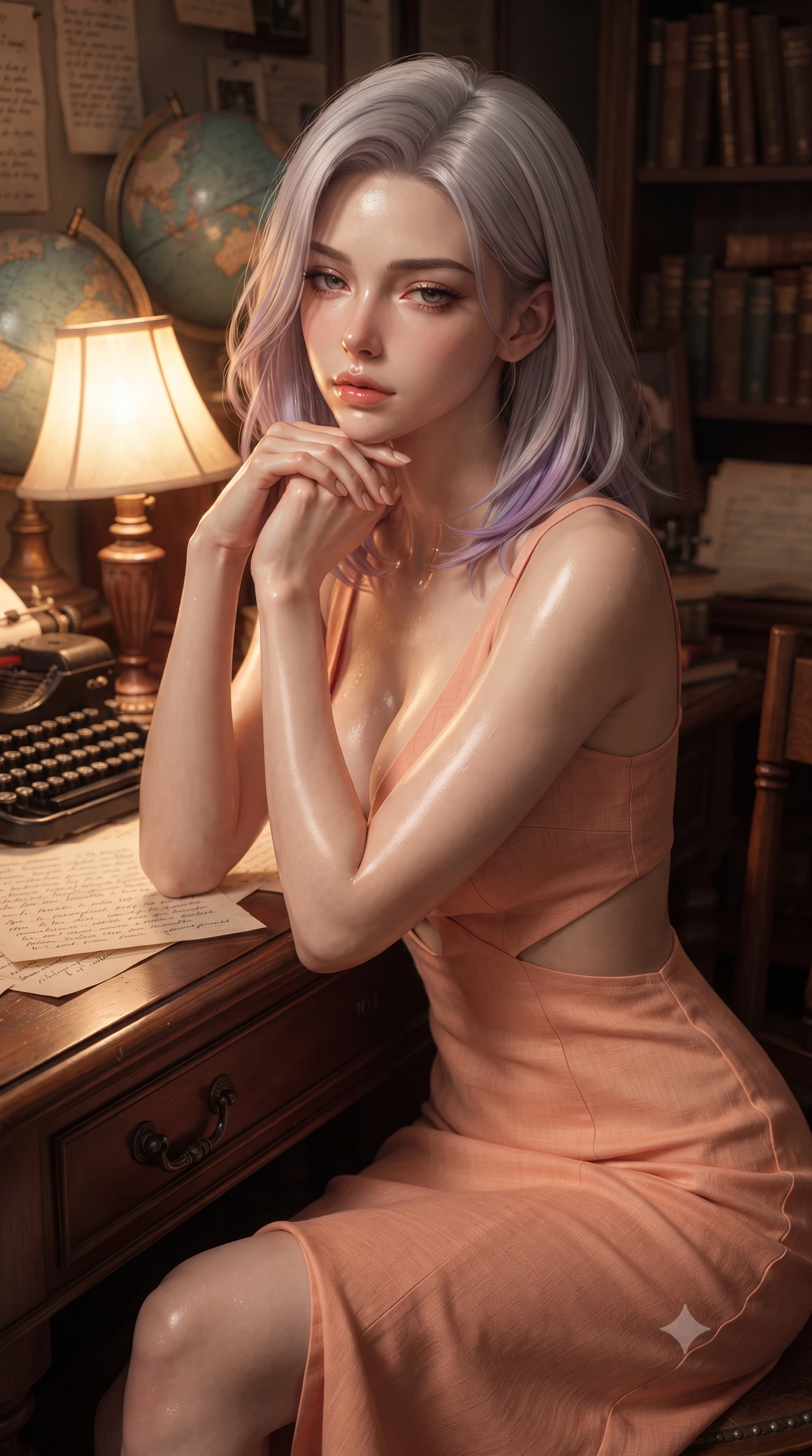 score_9, masterpiece, best quality, ultra-detailed, high-budget anime keyframe, editorial fashion photography, tasteful artistic composition, Caucasian woman. close-up cowboy shot from the waist and thighs up, the character dominates the composition, filling the frame with her large presence, background elements kept in soft focus. resting her chin on the backs of her fingers, casting a heavy-lidded, sultry look past the camera the background shows a soft-focus a cozy personal study with vintage globes, typewriters, and handwritten manuscripts. She has an exceptionally elegant, slender, and willowy female figure with an ultra-slim waist, a gracefully sculpted slender torso, and a refined silhouette. sharp v-shaped jawline, high-bridge nose, intricate jewel-like eyes with depth, thick eyelashes, glossy lips with a natural sheen. wearing a form-contouring summer sundress with double waist cutouts and a plunging neckline in peach linen. warm table lamp light casting cozy, nostalgic shadows on the mahogany desk. ultra-reflective glossy finish, specular highlights, metallic sheen, high-contrast stereoscopic depth, volumetric dynamic lighting, 2k, ultra detail, master piece, 9:16 ratio