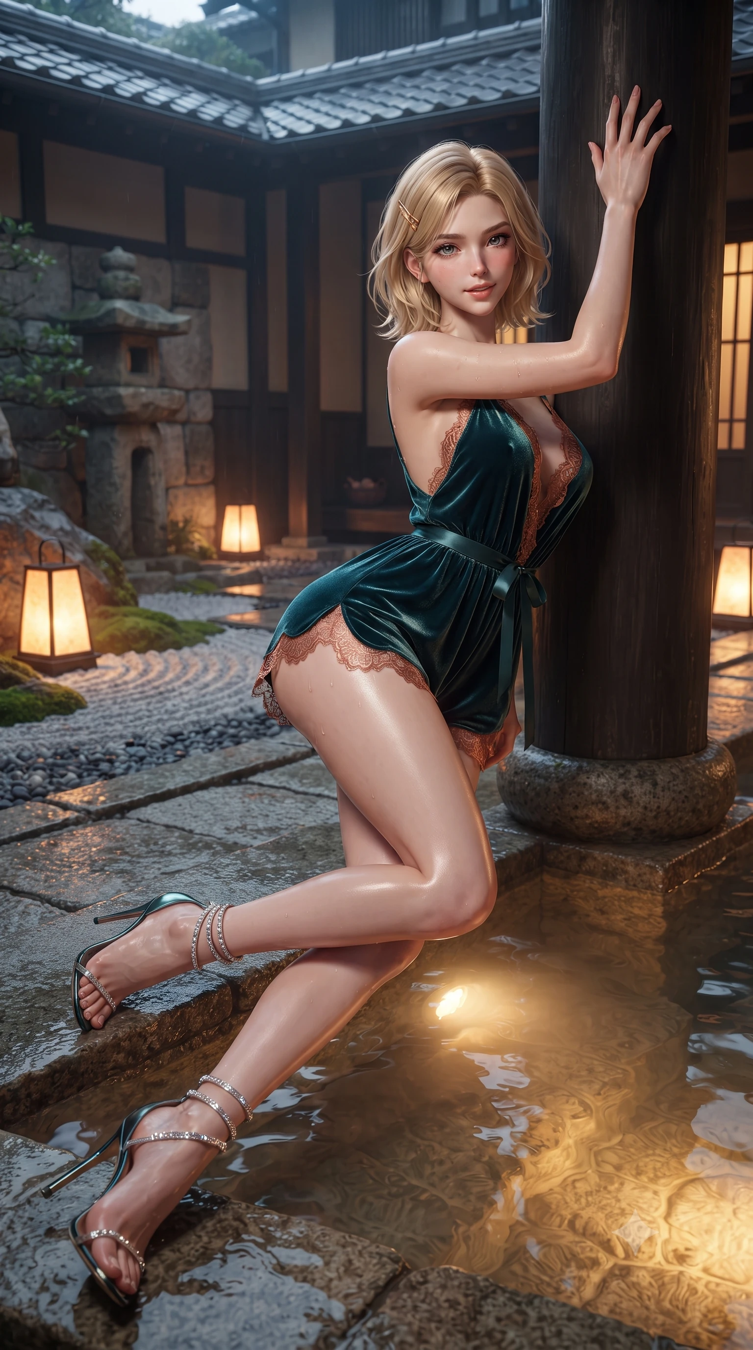 score_9, masterpiece, best quality, ultra-detailed, high-budget anime keyframe, editorial fashion photography, tasteful artistic composition, Caucasian woman. low angle full-body shot from head to toe showing her feet, filling the entire 9:16 vertical frame with her statuesque presence, stretching her vertical silhouette. standing tall beside the architectural column, one hand resting high while arching her lower back to emphasize her sculpted feminine hips and slender waist while lounging gracefully in the shallow hot spring propped on one elbow, her statuesque 8.5-heads silhouette radiating intimate Kyoto allure. The surrounding environment is rendered in vivid detail and crisp panoramic clarity: detailed wet-look high-cut monokini cling, gold hairpin shine, and traditional Kyoto courtyard craftsmanship in razor-sharp precision. She has an absolutely perfect, statuesque 8.5-heads proportion, an exceptionally tall and slender model-like female figure with impossibly long slender legs, an ultra-slim waist, a flat toned midriff, narrow delicate ribcage, and beautifully sculpted feminine hips creating a graceful, slim hourglass silhouette without any bulky heaviness. sharp v-shaped jawline, high-bridge nose, sparkling eyes with hypnotic seductive depth, thick curled eyelashes, glossy parted lips with a natural dewy peach sheen, alluring bedroom-eyes with an enchanting coquettish smile, exuding magnetic siren charisma and sophisticated glamour, flawlessly proportioned anatomical accuracy, strict slender model proportions, natural body alignment, perfectly sculpted long slender limbs, ultra-slim waistline, clean dynamic posture without body distortion. wearing a plunge-neck stretch velvet romper with scalloped eyelash-lace hems and a cinched waist ribbon in Ubud rainforest teal and sunset copper, crafted from fluid liquid silk satin that clings smoothly to every curve with a dewy sheen, complemented by strappy stiletto sandals with crystal ankle wraps accentuating her slender calves, the glove-like clinging cut tightly following the natural contour of her hips and long slender legs with youthful 8.5-heads elegance. bathed in warm underwater thermal tub illumination paired with amber courtyard lantern glow. ultra-reflective glossy finish, specular highlights, rich textural contrasts, high-contrast stereoscopic depth, volumetric dynamic lighting, 2k, ultra detail, master piece, 9:16 ratio