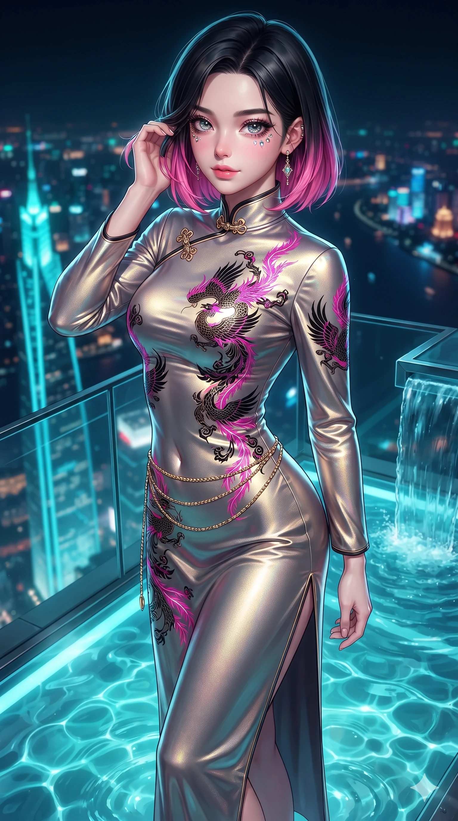 score_9, masterpiece, best quality, ultra-detailed, high-budget anime keyframe, editorial fashion photography, tasteful artistic composition, Korean woman. close-up cowboy shot from the waist and thighs up, the character dominates the composition, filling the frame with her large presence. gently brushing a lock of hair behind her ear while casting a playful, flirtatious side-gaze with long eyelashes while standing poised at the outer edge of the transparent glass pool, arching her lower back with sovereign supermodel grace as water spills into the night air. The background shows a soft-focus glowing turquoise water ripples over transparent acrylic, soaring neon skyscraper spires below, and distant river bends blurred into turquoise, sapphire, and amber bokeh. She has an exceptionally elegant, slender, and willowy female figure with an ultra-slim waist, flat toned midriff, narrow ribcage, and sculpted feminine hips creating an alluring, slim hourglass silhouette without bulk. sharp v-shaped jawline, high-bridge nose, intricate jewel-like sparkling eyes with depth, thick eyelashes, glossy parted lips with a natural sheen, intensely captivating and seductive bedroom-eyes expression, exuding both youthful cute charm and sovereign luxury allure, flawlessly proportioned anatomical accuracy, strict slender model proportions, natural body alignment, perfectly sculpted long slender limbs, ultra-slim waistline, clean dynamic posture without body distortion. wearing an aristocratic high-neck Mandarin collar long-sleeve silk cheongsam evening gown with embroidered dragon-and-phoenix crests in black lacquer and vibrant magenta neon, crafted from luxurious metallic lamé that shifts radiance with every step, accented with a delicate gold chain belt resting loosely on her curvy hips, the bespoke structured tailoring following the natural line of her 8.5-heads silhouette with refined elegance. illuminated by glass floor bounce and sharp turquoise-platinum rim lights defining her razor-sharp jawline, narrow waist, and curvy hips. ultra-reflective glossy finish, specular highlights, rich textural contrasts, high-contrast stereoscopic depth, volumetric dynamic lighting, 2k, ultra detail, master piece, 9:16 ratio
