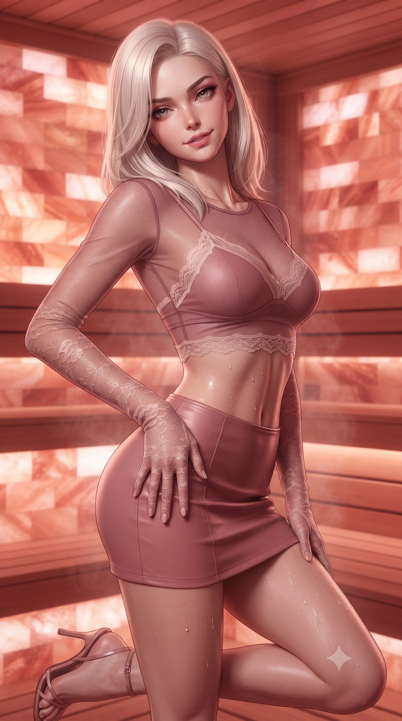 score_9, masterpiece, best quality, ultra-detailed, high-budget anime keyframe, editorial fashion photography, tasteful artistic composition, Caucasian woman. close-up cowboy shot from the waist and thighs up, the character dominates the composition, filling the frame with her large presence. tilting her head with a teasing half-smile, running one hand slowly down the side of her hip in a flirtatious S-curve as ambient light caresses her silhouette while twisting her slender torso in an alluring S-curve, glowing amber-pink salt light and sauna steam tracing her flat midriff and curvy hips. The surrounding environment is rendered in vivid detail and crisp panoramic clarity: sharp crystal salt brick textures, smooth western red cedar grain, and glistening perspiration beads on toned skin in deep focus. She has an exceptionally elegant, slender, and willowy female figure with an ultra-slim waist, flat toned midriff, narrow ribcage, and sculpted feminine hips creating an alluring, slim hourglass silhouette without bulk. sharp v-shaped jawline, high-bridge nose, sparkling eyes with hypnotic seductive depth, thick curled eyelashes, glossy parted lips with a natural dewy peach sheen, alluring bedroom-eyes with an enchanting coquettish smile, exuding magnetic siren charisma and sophisticated glamour, flawlessly proportioned anatomical accuracy, strict slender model proportions, natural body alignment, perfectly sculpted long slender limbs, ultra-slim waistline, clean dynamic posture without body distortion. wearing a sheer mesh long-sleeve crop top over an opaque strappy micro-bralette and a sleek leatherette mini skirt in dusky blush pink and warm ivory lace, crafted from shimmering fluid chainmail mesh reflecting ambient lights, complemented by sheer opera-length lace evening gloves tracing her slender arms, the glove-like clinging cut tightly following the natural contour of her hips and long slender legs with youthful 8.5-heads elegance. bathed in warm therapeutic pink-and-amber glow radiating through translucent Himalayan salt blocks. ultra-reflective glossy finish, specular highlights, rich textural contrasts, high-contrast stereoscopic depth, volumetric dynamic lighting, 2k, ultra detail, master piece, 9:16 ratio