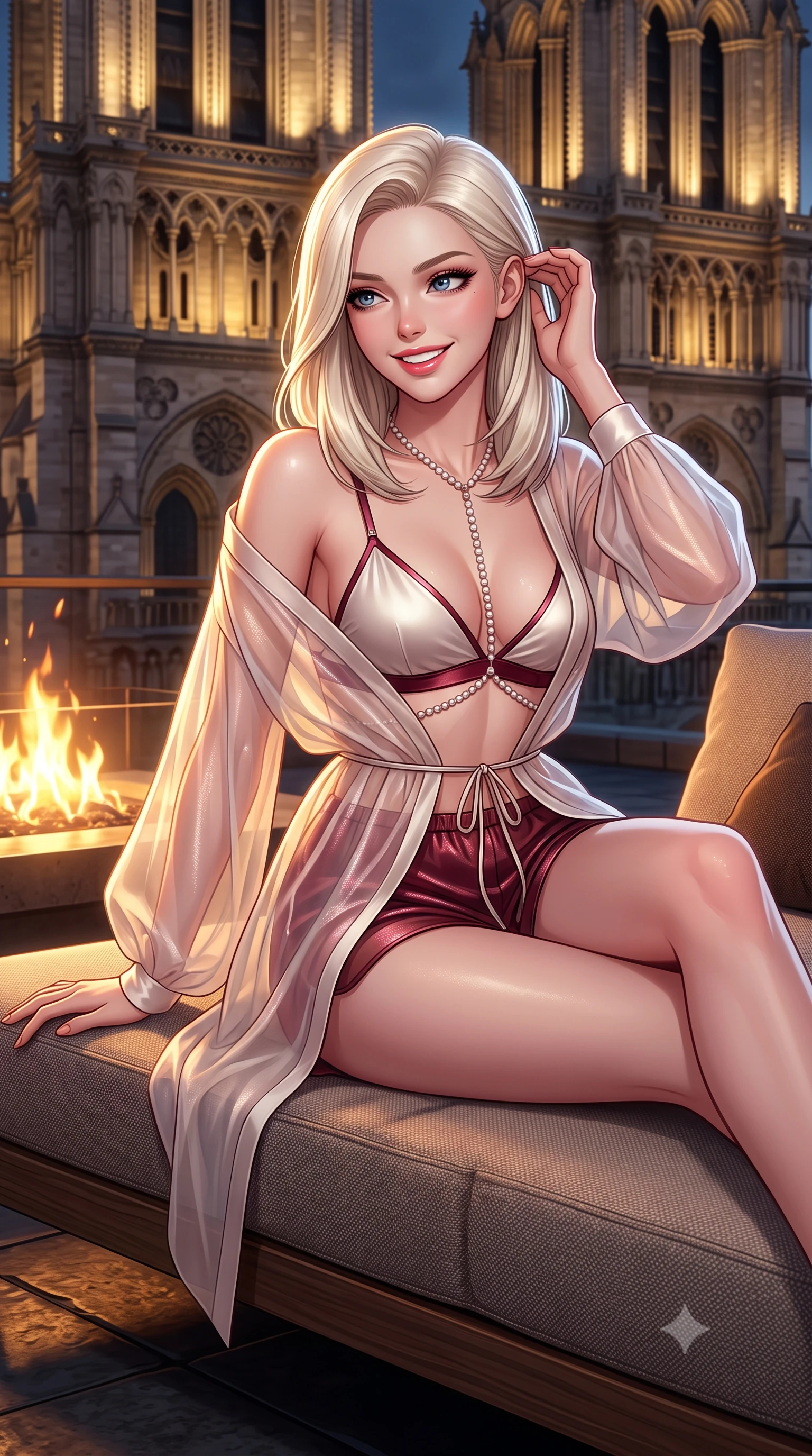 score_9, masterpiece, best quality, ultra-detailed, high-budget anime keyframe, semi-realistic 3D game render, editorial fashion photography, tasteful artistic composition, Caucasian woman. close-up cowboy shot from the waist and thighs up, the character dominates the composition, filling the frame with her large presence. gently brushing a lock of hair behind her ear while casting a playful, flirtatious side-gaze with long eyelashes while lounging in the modern low-profile daybed propped on one elbow with legs extended, displaying her long slender limbs and statuesque hourglass silhouette. The surrounding environment is rendered in vivid detail and crisp panoramic clarity: detailed garment drape, silhouette contours, and historic gothic cathedral stonework in high resolution. She has an exceptionally elegant, slender, and willowy female figure with an ultra-slim waist, flat toned midriff, narrow ribcage, and sculpted feminine hips creating an alluring, slim hourglass silhouette without bulk. sharp v-shaped jawline, high-bridge nose, intricate jewel-like sparkling eyes with depth, thick eyelashes, glossy parted lips with a natural peach sheen, bright cheerful beaming smile with an enchanting and coquettish sensual glint, exuding both youthful cute charm and seductive allure, flawlessly proportioned anatomical accuracy, strict slender model proportions, natural body alignment, perfectly sculpted long slender limbs, ultra-slim waistline, clean dynamic posture without body distortion. wearing a sheer silk organza modern caftan robe worn loose and slipping off bare shoulders over a matching satin bralette and micro-shorts in Belvedere ivory pearl and Habsburg bordeaux wine, crafted from stretch micro-mesh with liquid foil coating that shimmers with every movement, accented with a pearl-drop body harness subtly framing her dewy collarbones and spine, the form-contouring silhouette accentuating her sculpted flat midriff, narrow delicate ribcage, and gracefully curvy hips with intoxicating allure. bathed in the contrast of warm 2200K fire table hearth glow and cool midnight sky fill with golden cathedral floodlights. highly saturated vibrant anime colors, detailed shading with soft gradients, rich glossy textures, high-contrast stereoscopic depth, volumetric dynamic lighting, master piece, 9:16 ratio