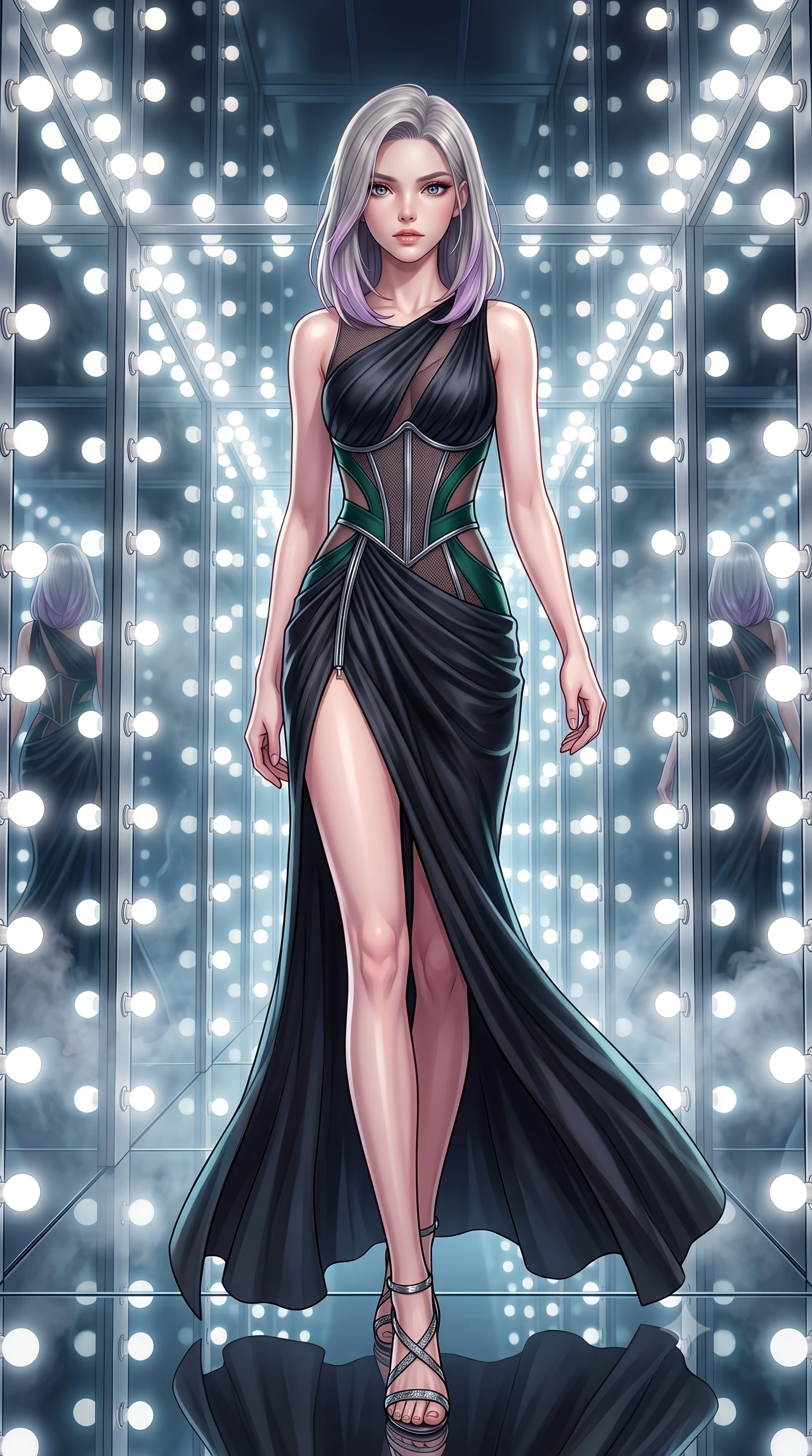 score_9, masterpiece, best quality, ultra-detailed, high-budget anime keyframe, editorial fashion photography, tasteful artistic composition, Caucasian woman. low angle full-body shot from head to toe showing her feet, filling the entire 9:16 vertical frame with her statuesque presence, stretching her vertical silhouette. forging confidently through the floating mist, holding a poised statuesque stance, standing inside an infinity mirror dressing room lined with bright daylight vanity lights, sculpted jawline and glossy lips accentuated by multi-directional key lights. She has an absolutely perfect, statuesque 8.5-heads proportion, an exceptionally tall and slender model-like female figure with impossibly long slender legs and an ultra-slim waist. sharp v-shaped jawline, high-bridge nose, intricate jewel-like eyes with depth, thick eyelashes, glossy lips with a natural sheen. wearing draped obsidian silk gown featuring tasteful waist slit cutouts in deep emerald green, made of fine dark contouring mesh, finished with metallic silver boning and sleek zipper points, contouring every curve with an exceptionally elegant silhouette. illuminated by bright daylight vanity bulbs and multi-directional studio key rays. highly saturated vibrant anime colors, detailed shading with soft gradients, rich glossy textures, high-contrast stereoscopic depth, volumetric dynamic lighting, master piece, 9:16 ratio