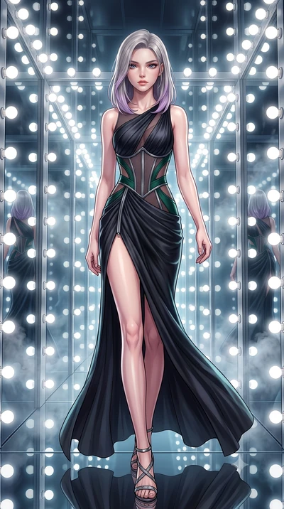 score_9, masterpiece, best quality, ultra-detailed, high-budget anime keyframe, editorial fashion photography, tasteful artistic composition, Caucasian woman. low angle full-body shot from head to toe showing her feet, filling the entire 9:16 vertica