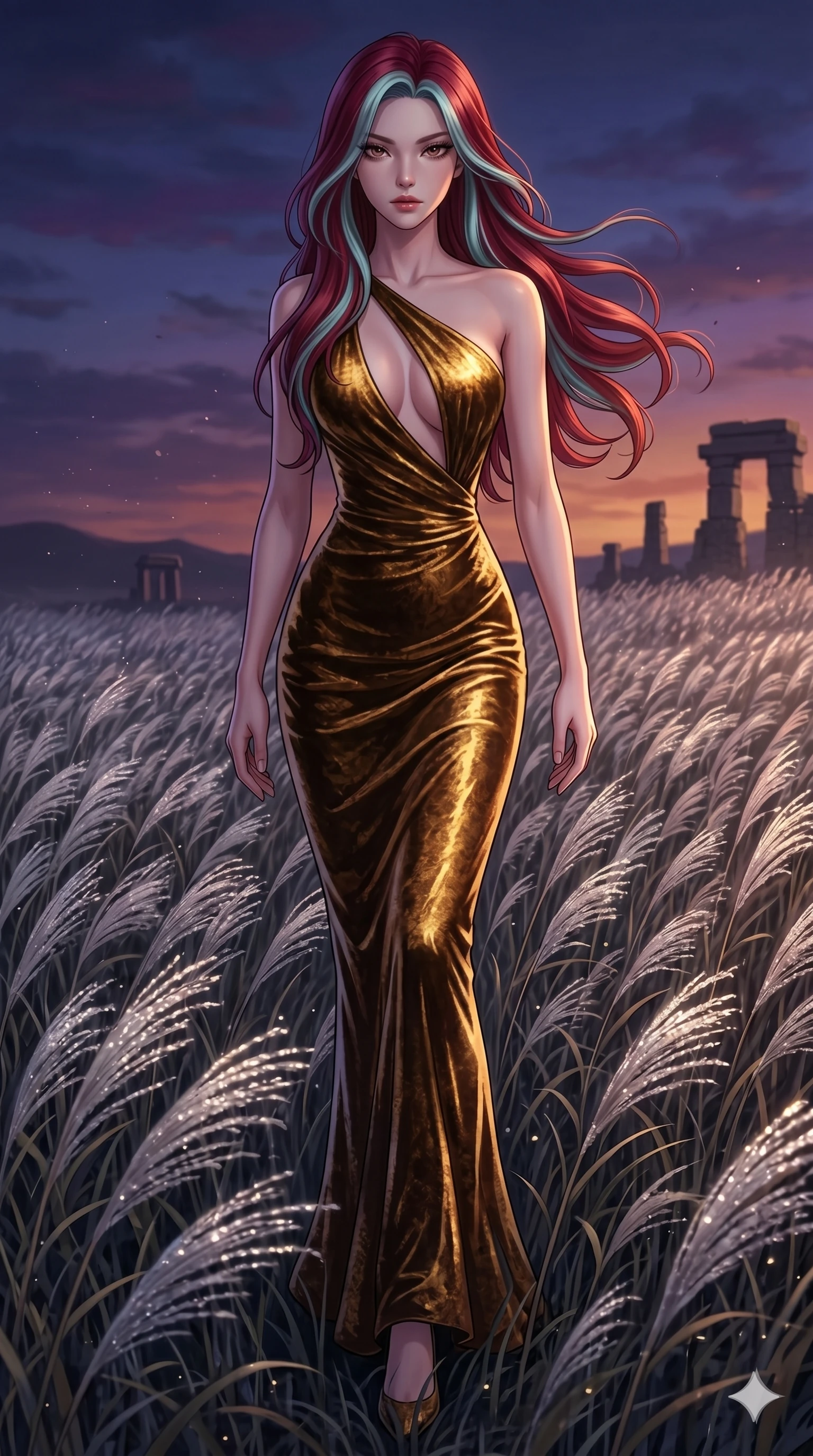 score_9, masterpiece, best quality, ultra-detailed, High-budget Anime Keyframe, East Asian woman. Dynamic full-body shot stretching the vertical silhouette to the limit. Scenario 188: Walking through a field of tall silver grass at twilight. Her presence is magnetic and overpowering in this high-budget anime scene. Outfit 188: A crushed dark velvet gold with a low-cut shoulder and tight-fitting silhouette. The clothing is designed to emphasize her exceptionally tall and slender 8-heads proportion. 8-heads proportion, towering silhouette, ultra-slim waist. sharp v-shaped jawline, intricate jewel-like eyes with depth, thick eyelashes, glossy lips. 2k, ultra detail, master piece, 9:16 ratio