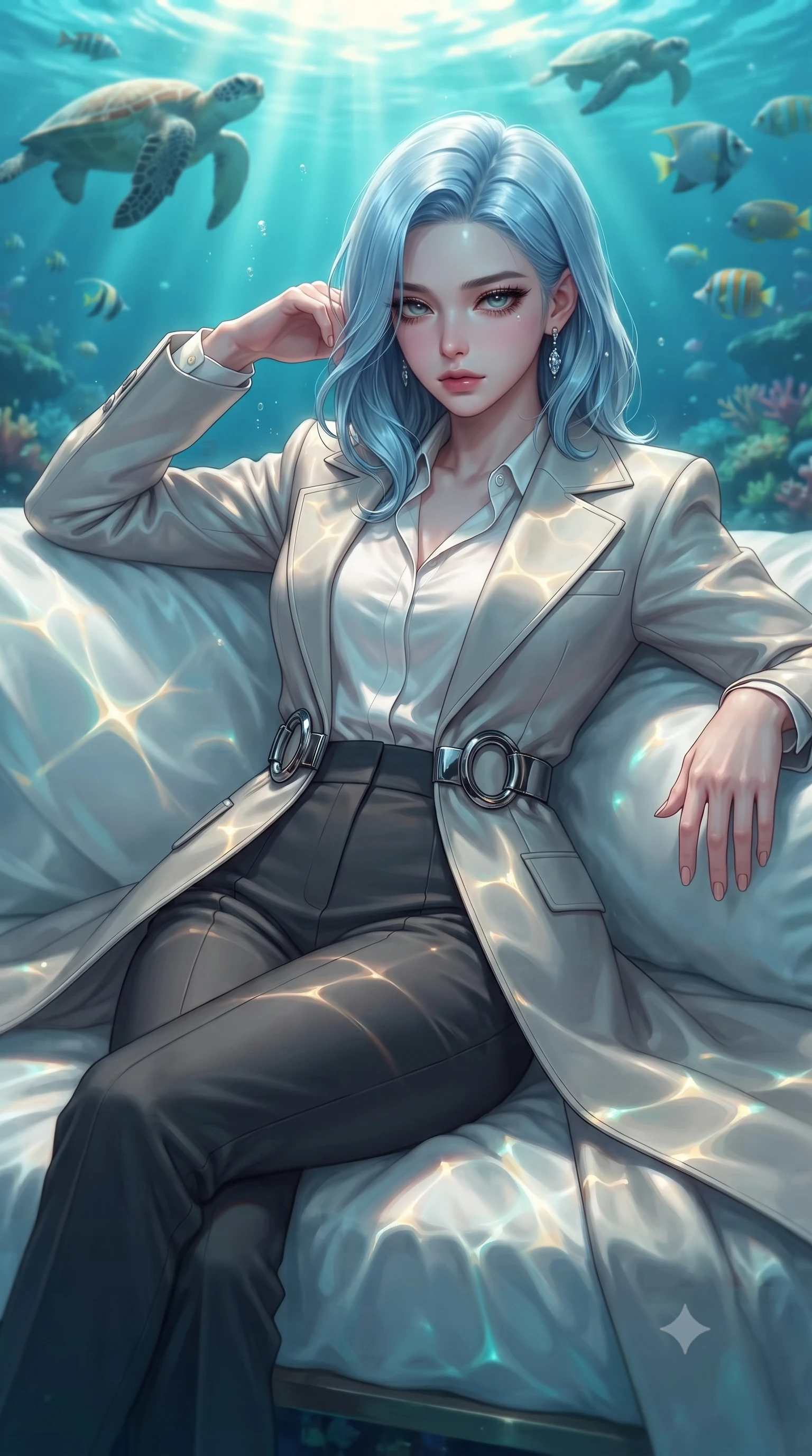 score_9, masterpiece, best quality, ultra-detailed, high-budget anime keyframe, editorial fashion photography, tasteful artistic composition, Korean woman. close-up cowboy shot from the waist and thighs up, the character dominates the composition, filling the frame with her large presence, background elements kept in soft focus. Casting a slow, direct gaze beneath heavy lashes with quiet intensity, lounging on a white silk daybed as sea turtles and tropical fish swim overhead, golden sunbeams penetrating turquoise ocean water creating caustic light webs. She has an exceptionally elegant, slender, and willowy female figure with an ultra-slim waist, a gracefully sculpted slender torso, and a refined silhouette. sharp v-shaped jawline, high-bridge nose, intricate jewel-like eyes with depth, thick eyelashes, glossy lips with a natural sheen. wearing structured platinum leather long coat over white silk blouse and tailored slacks in dark charcoal gray, made of sculpted obsidian metallic chrome, accented with sculpted obsidian chrome rings at the waist, the fitted fabric emphasizing her ultra-slim waist. surrounded by an ethereal underwater aura with bright pearl rim lights. highly saturated vibrant anime colors, detailed shading with soft gradients, rich glossy textures, high-contrast stereoscopic depth, volumetric dynamic lighting, master piece, 9:16 ratio