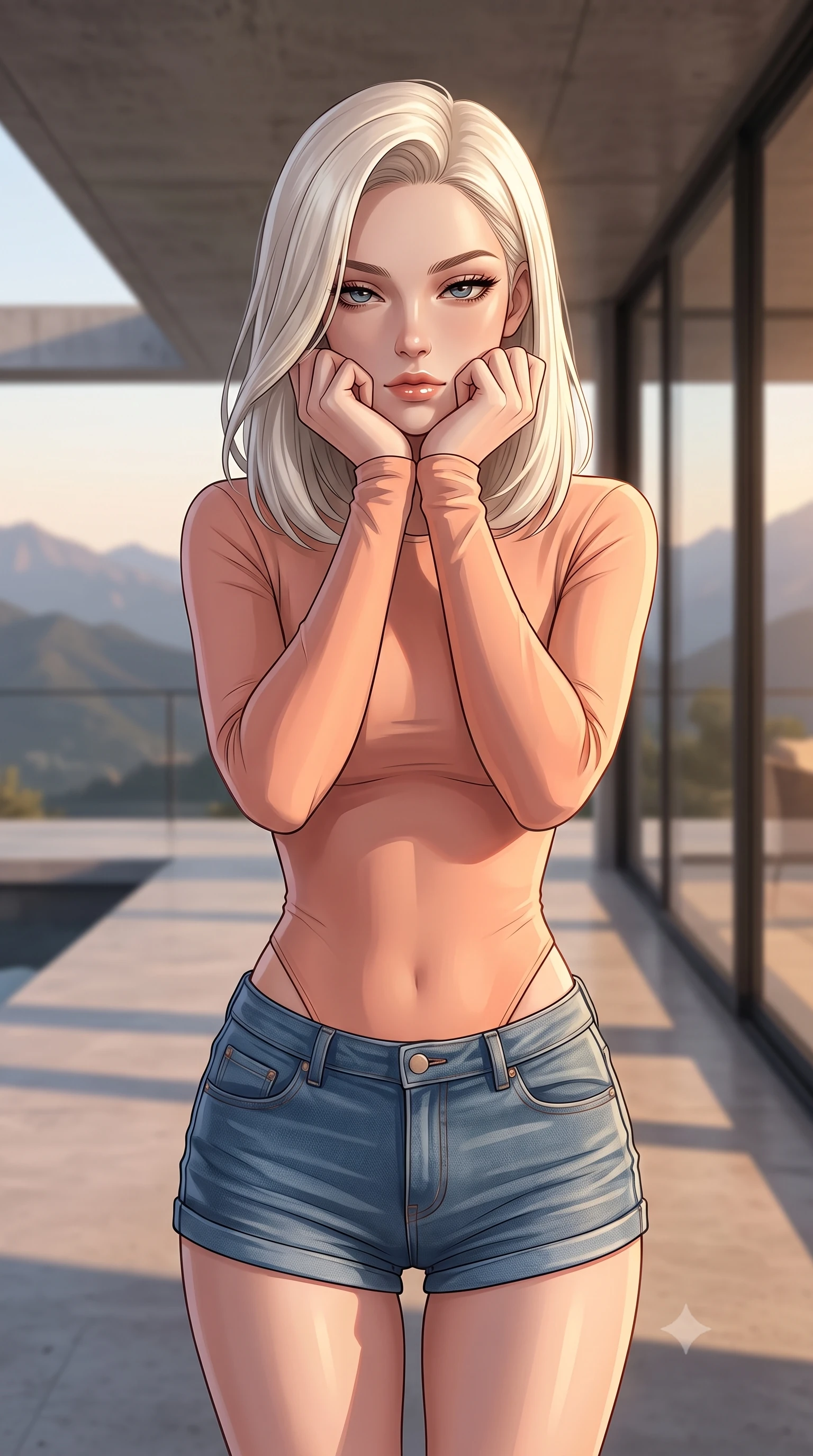 score_9, masterpiece, best quality, ultra-detailed, high-budget anime keyframe, editorial fashion photography, tasteful artistic composition, Caucasian woman woman. close-up cowboy shot from the waist and thighs up, the character dominates the composition, filling the frame with her large presence, background elements kept in soft focus. resting her chin on the backs of her fingers, casting a heavy-lidded, sultry look past the camera the background shows a soft-focus a modern concrete villa veranda with floor-to-ceiling glass walls looking out at a mountain range. She has an exceptionally elegant, slender, and willowy female figure with an ultra-slim waist, a gracefully sculpted slender torso, and a refined silhouette. sharp v-shaped jawline, high-bridge nose, intricate jewel-like eyes with depth, thick eyelashes, glossy lips with a natural sheen. wearing a form-contouring form-contouring long-sleeve bodysuit in peach, worn with tight-fitting denim shorts. warm sunset light casting long, clean shadow lines across the minimal deck. 2k, ultra detail, master piece, 9:16 ratio