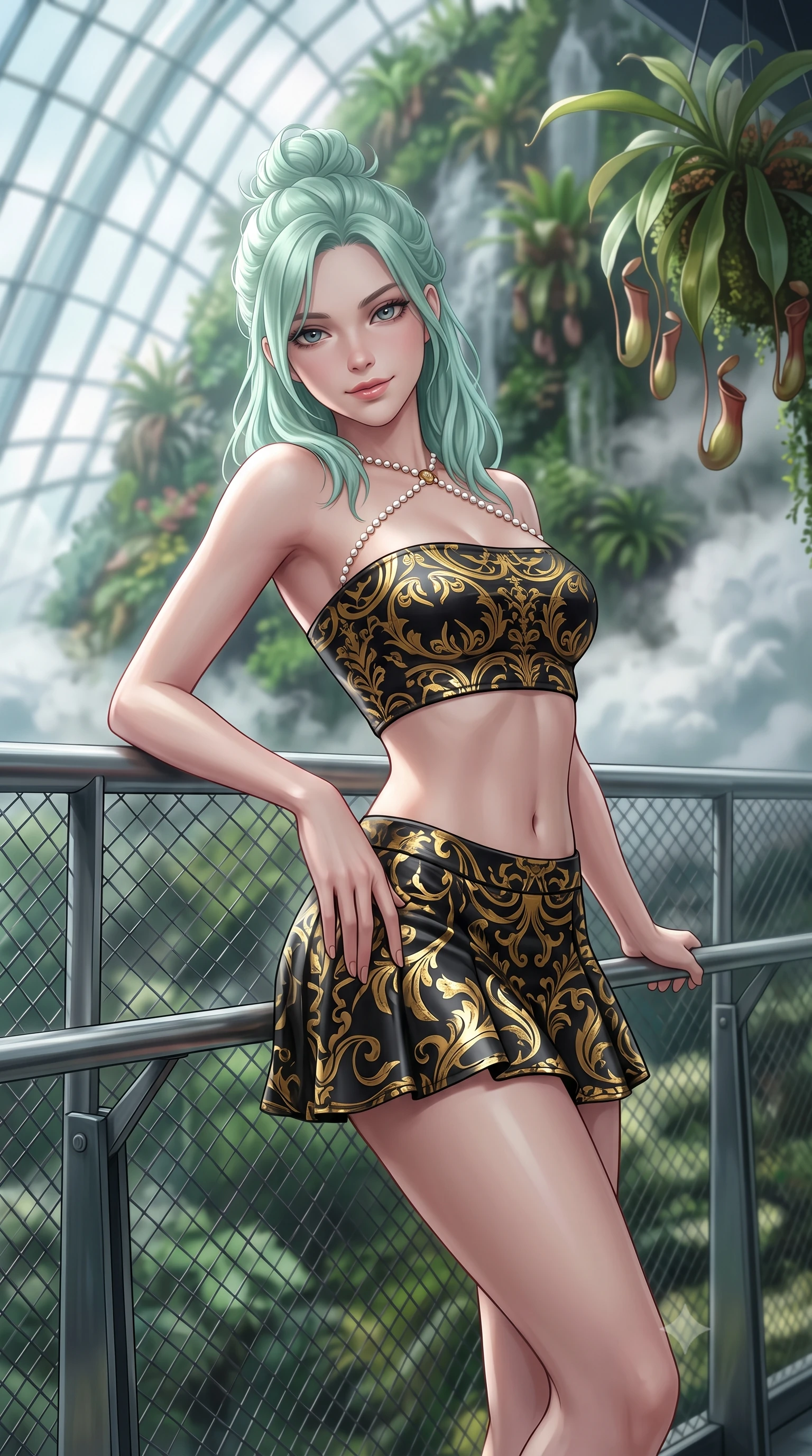 score_9, masterpiece, best quality, ultra-detailed, high-budget anime keyframe, semi-realistic 3D game render, editorial fashion photography, tasteful artistic composition, Japanese woman. close-up cowboy shot from the waist and thighs up, the character dominates the composition, filling the frame with her large presence. tilting her head with a teasing half-smile, running one hand slowly down the side of her hip in a flirtatious S-curve as ambient light caresses her silhouette while leaning against the structural steel handrail with hips cocked back, looking down over vertical mountain gardens with heavy-lidded bedroom-eyes. The background shows a soft-focus towering 35-meter man-made mountain densely covered in tropical epiphytes and pitcher plants, swirling white cloud mist, and glass dome ribs blurred into jade, emerald, and silver bokeh. She has an exceptionally elegant, slender, and willowy female figure with an ultra-slim waist, flat toned midriff, narrow ribcage, and sculpted feminine hips creating an alluring, slim hourglass silhouette without bulk. sharp v-shaped jawline, high-bridge nose, intricate jewel-like sparkling eyes with depth, thick eyelashes, glossy parted lips with a natural peach sheen, bright cheerful beaming smile with an enchanting and coquettish sensual glint, exuding both youthful cute charm and seductive allure, flawlessly proportioned anatomical accuracy, strict slender model proportions, natural body alignment, perfectly sculpted long slender limbs, ultra-slim waistline, clean dynamic posture without body distortion. wearing an ultra-cropped fitted bandeau top paired with a micro mini tennis skirt revealing her flat midriff in Viennese golden secession noir and imperial 24k gold leaf, woven from buttery-soft stretch lambskin leather adhering to her body like a second skin, accented with a pearl-drop body harness subtly framing her dewy collarbones and spine, the precision-cut side openings and low-back scoop framing her graceful spine and the sensual sweep of her slim, toned hips. bathed in the cool 5000K daylight-white mist illumination mixed with warm 2700K pathway architectural spot LEDs. highly saturated vibrant anime colors, detailed shading with soft gradients, rich glossy textures, high-contrast stereoscopic depth, volumetric dynamic lighting, master piece, 9:16 ratio