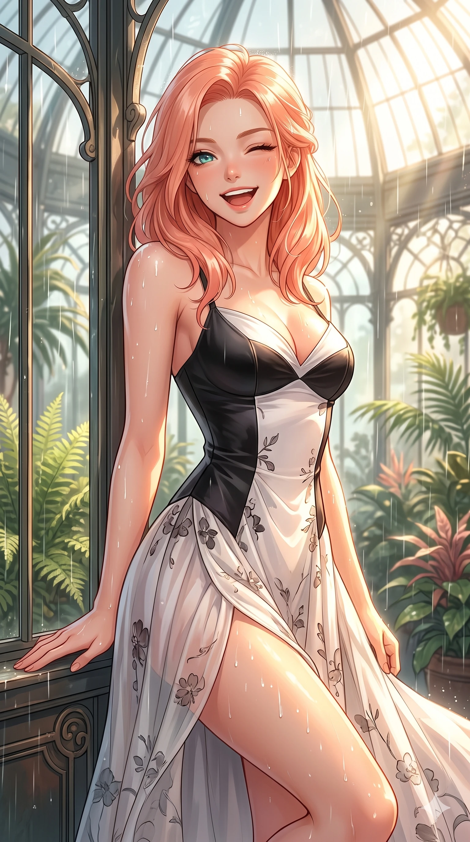score_9, masterpiece, best quality, ultra-detailed, high-budget anime keyframe, vibrant anime aesthetic, Japanese woman. close-up cowboy shot from the waist and thighs up, the character dominates the composition, filling the frame with her large presence, background elements kept in soft focus. She is leaning against a greenhouse frame, winking and laughing happily, her eyes glowing with lively energy with a relaxed and elegant posture. the background shows a soft-focus elegant art-nouveau conservatory filled with lush ferns, under a sun shower with volumetric light beams (Code-P22-124). She has an absolutely perfect proportion, an exceptionally elegant and slender female figure with an ultra-slim waist. V-shaped jawline, high-bridge nose, intricate jewel-like eyes with depth, thick eyelashes, glossy lips with a natural sheen. wearing a delicate chiffon dress featuring a structured satin bodice and refined side vent in black and white couture. She is drenched in bright, warm sun showers, casting sharp highlights on the raindrops, creating a warm, inviting, and atmospheric glow on the outdoor wooden terrace. 2k, ultra detail, master piece, 9:16 ratio