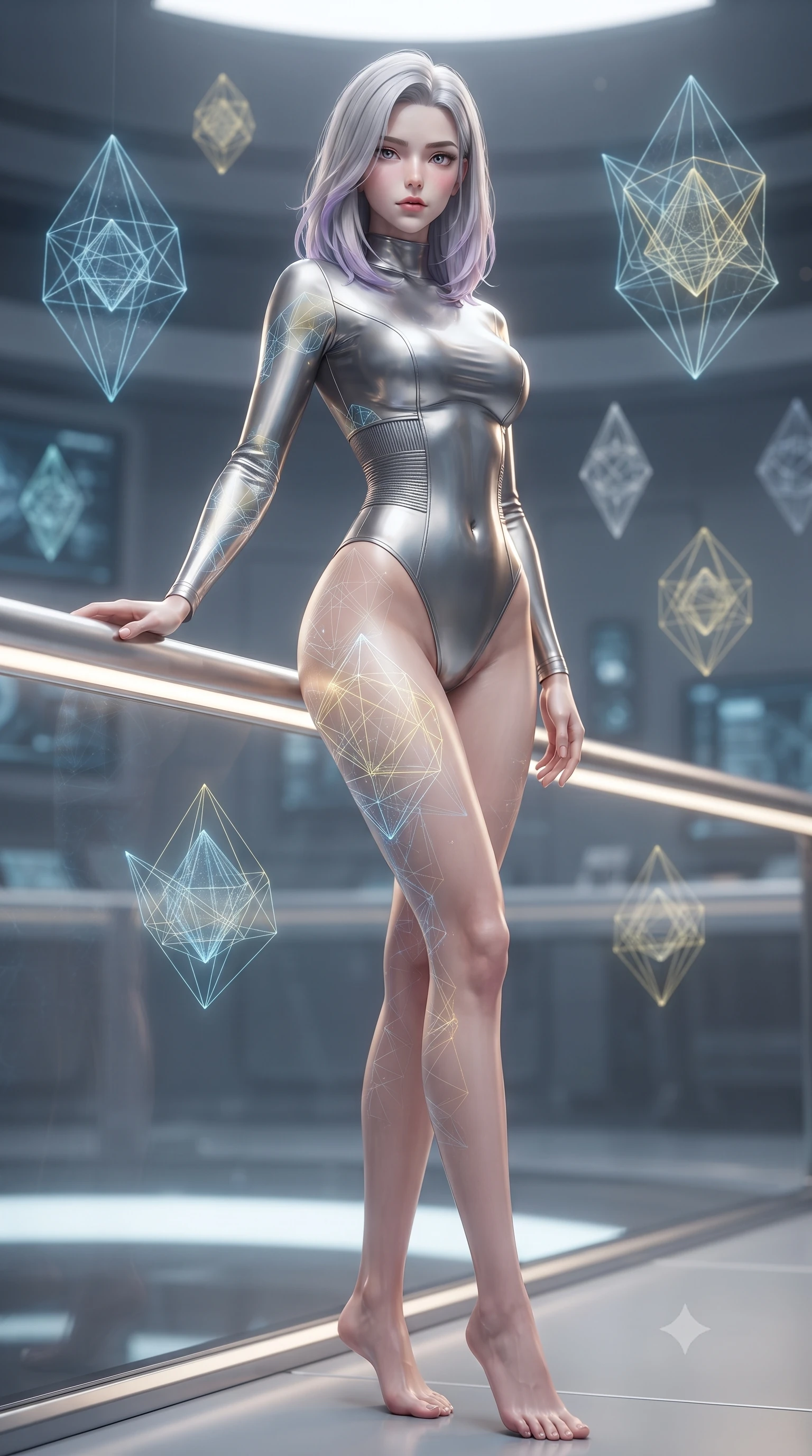 score_9, masterpiece, best quality, ultra-detailed, high-budget anime keyframe, editorial fashion photography, tasteful artistic composition, Caucasian woman. low angle full-body shot from head to toe showing her feet, filling the entire 9:16 vertical frame with her statuesque presence, stretching her vertical silhouette. standing in a tall, confident posture with one hand on a glowing metal railing, stretching her statuesque body, the background shows a soft-focus a nanotech control bay with floating wireframe models of geometric crystals. She has an absolutely perfect, statuesque 8.5-heads proportion, an exceptionally tall and slender model-like female figure with impossibly long slender legs and an ultra-slim waist. sharp v-shaped jawline, high-bridge nose, intricate jewel-like eyes with depth, thick eyelashes, glossy lips with a natural sheen. wearing a body-hugging body-hugging titanium-sheen mock-neck bodysuit, featuring elastic compression panels at the waist. soft blue and yellow wireframe holograms casting delicate geometric patterns on her. ultra-reflective glossy finish, specular highlights, metallic sheen, high-contrast stereoscopic depth, volumetric dynamic lighting, 2k, ultra detail, master piece, 9:16 ratio