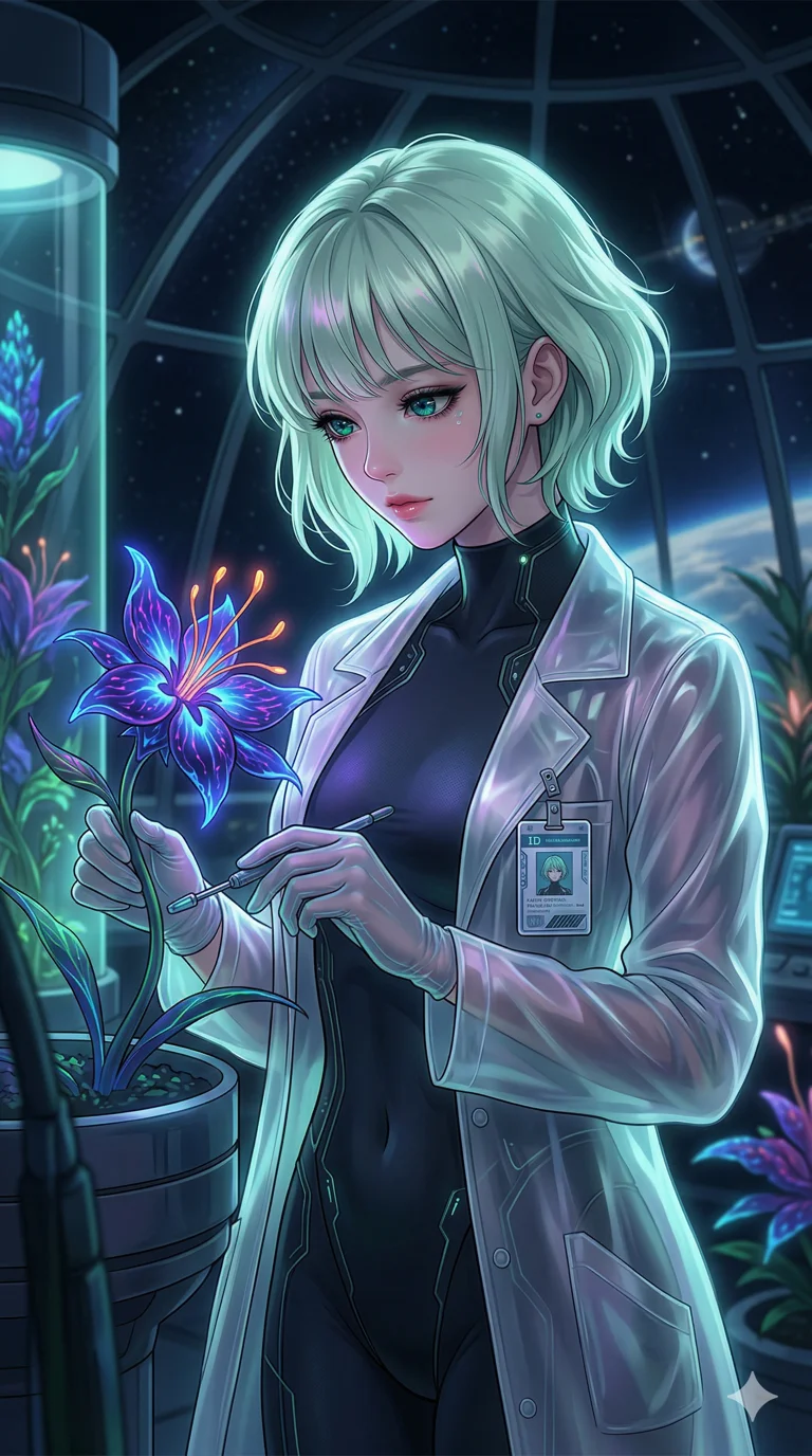 score_9, masterpiece, best quality, ultra-detailed, semi-realistic high-budget anime keyframe, an incredibly beautiful Korean woman. Medium shot of upper body filling the frame. She is a space botanist tending to a glowing alien flower in a bi-dome. She has an absolutely perfect 8-heads proportion, a towering and slender female figure. Her face is a masterpiece with pastel mint hair and intricate jewel-like eyes. She is wearing a translucent plastic lab coat over a skin-tight micro bodysuit, highlighting her alluring silhouette. Bioluminescent plant glow and soft shadows, radiant glowing skin, dramatic rim lighting, 2k, ultra detail, master piece, 9:16 ratio