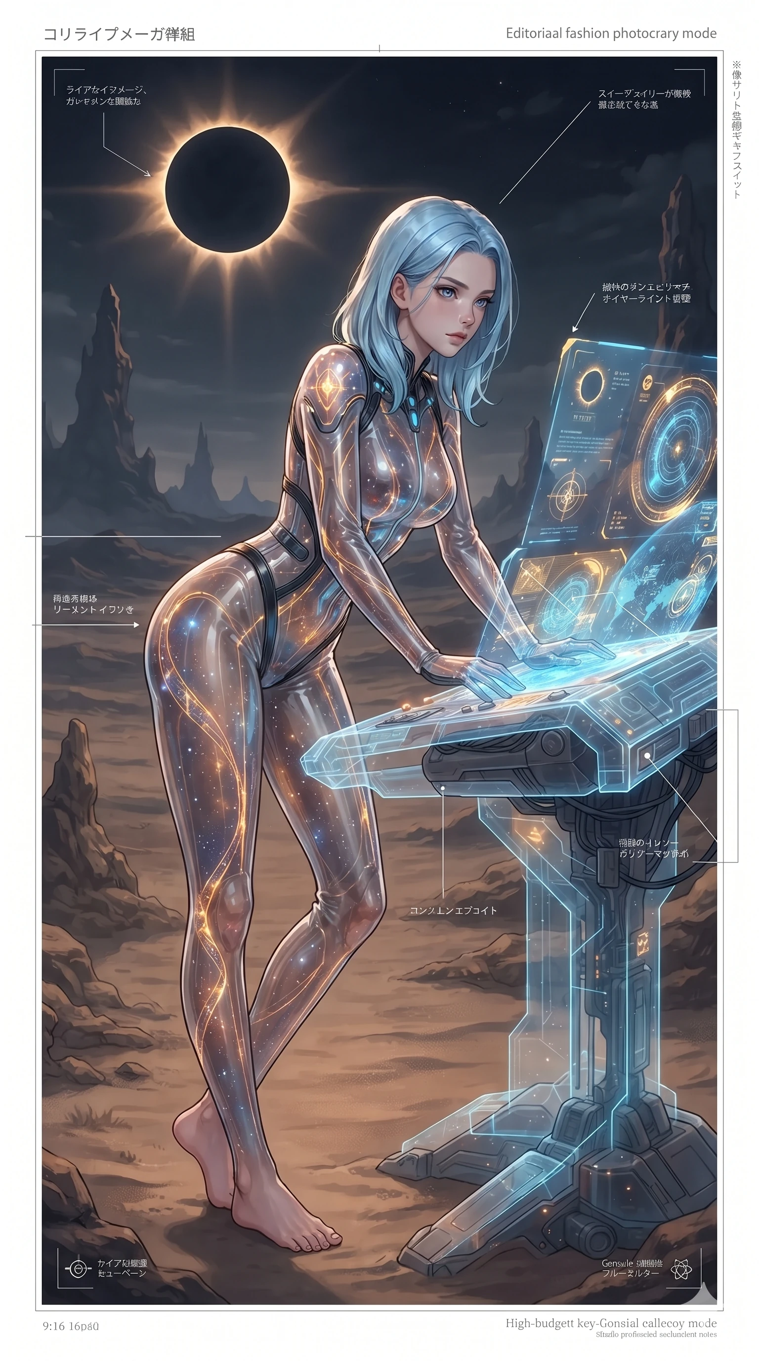 score_9, masterpiece, best quality, ultra-detailed, high-budget anime keyframe, editorial fashion photography, tasteful artistic composition, Korean woman. close-up cowboy shot from the waist and thighs up, the character dominates the composition, filling the frame with her large presence. leaning forward over the holographic console while arching her lower back to accentuate her curvy hips, looking into the camera with an intoxicating smoldering bedroom-gaze while twisting her slender torso in an alluring S-curve between floating stone fragments, diamond eclipse corona light tracing her flat midriff and hourglass curves. The background shows a soft-focus atmospheric coronal ionization glow softened in eclipsed alien desert shallow focus. She has an exceptionally elegant, slender, and willowy female figure with an ultra-slim waist, flat toned midriff, narrow ribcage, and sculpted feminine hips creating an alluring, slim hourglass silhouette without bulk. sharp v-shaped jawline, high-bridge nose, intricate jewel-like sparkling eyes with depth, thick eyelashes, glossy parted lips with a natural sheen, bright confident smile with an enchanting and coquettish sensual glint, exuding both youthful magnetic charm and sovereign high-tech allure, flawlessly proportioned anatomical accuracy, strict slender model proportions, natural body alignment, perfectly sculpted long slender limbs, ultra-slim waistline, clean dynamic posture without body distortion. wearing a translucent high-gloss polymer flight suit with internal luminescent wire filigree and tailored waist cinching in cosmic eclipse amber and starlight diamond, crafted from lightweight aerodynamic matte carbon-fiber weave with structural stiffness, finished with polished chrome buckle hardware and modular magnetic holster clasps, the form-contouring cut accentuating her sculpted flat midriff, narrow delicate ribcage, and gracefully curvy hips with cybernetic supermodel precision. bathed in the dramatic high-contrast diamond corona brilliance of the twin solar eclipse casting sharp dramatic shadows. ultra-reflective glossy finish, specular highlights, rich textural contrasts, high-contrast stereoscopic depth, volumetric dynamic lighting, 2k, ultra detail, master piece, 9:16 ratio
