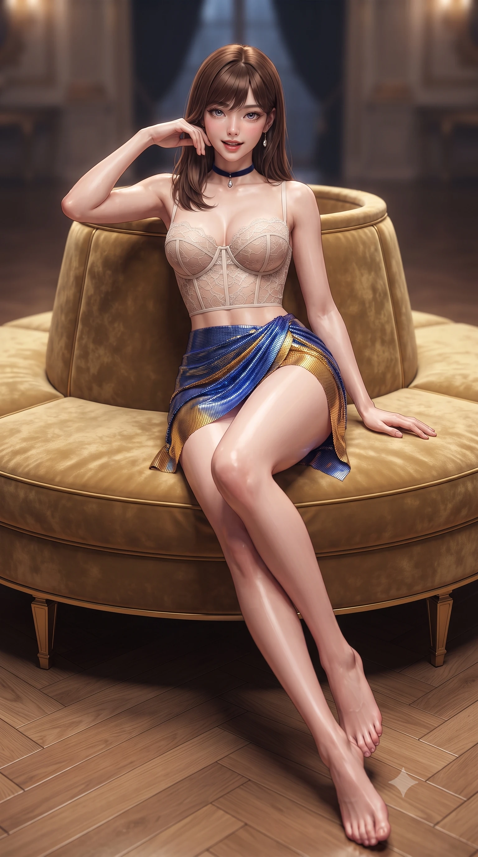 score_9, masterpiece, best quality, ultra-detailed, high-budget anime keyframe, editorial fashion photography, tasteful artistic composition, Korean woman. low angle full-body shot from head to toe showing her feet, filling the entire 9:16 vertical frame with her statuesque presence, stretching her vertical silhouette. stepping slowly toward the camera with hypnotic grace, hips swaying in an alluring sensual rhythm that accentuates her curvy hourglass silhouette and long slender legs while lounging gracefully on the circular gilded velvet banquette propped on one elbow, her statuesque 8.5-heads silhouette commanding the imperial ballroom. The background shows a soft-focus swirling silk ballgowns softened in romantic Viennese midnight waltz shallow focus. She has an absolutely perfect, statuesque 8.5-heads proportion, an exceptionally tall and slender model-like female figure with impossibly long slender legs, an ultra-slim waist, a flat toned midriff, narrow delicate ribcage, and beautifully sculpted feminine hips creating a graceful, slim hourglass silhouette without any bulky heaviness. sharp v-shaped jawline, high-bridge nose, sparkling eyes with hypnotic seductive depth, thick curled eyelashes, glossy parted lips with a natural dewy peach sheen, alluring bedroom-eyes with an enchanting coquettish smile, exuding magnetic siren charisma and sophisticated glamour, flawlessly proportioned anatomical accuracy, strict slender model proportions, natural body alignment, perfectly sculpted long slender limbs, ultra-slim waistline, clean dynamic posture without body distortion. wearing a sculpted underwire demi-bustier in semi-sheer lace paired with an ultra-short draped tulip skirt in Marrakesh cobalt majorelle blue and saffron gold, crafted from shimmering fluid chainmail mesh reflecting ambient lights, finished with a thin velvet ribbon choker and a single teardrop diamond pendant, the high-slit wrap tailoring accentuating her ultra-slim waistline and the enchanting curve of her feminine hips with alluring seductive charm. illuminated by polished parquet floor specular reflections and sharp warm-gold rim lights sculpting her jawline, flat midriff, and voluptuous hip curves. ultra-reflective glossy finish, specular highlights, rich textural contrasts, high-contrast stereoscopic depth, volumetric dynamic lighting, 2k, ultra detail, master piece, 9:16 ratio