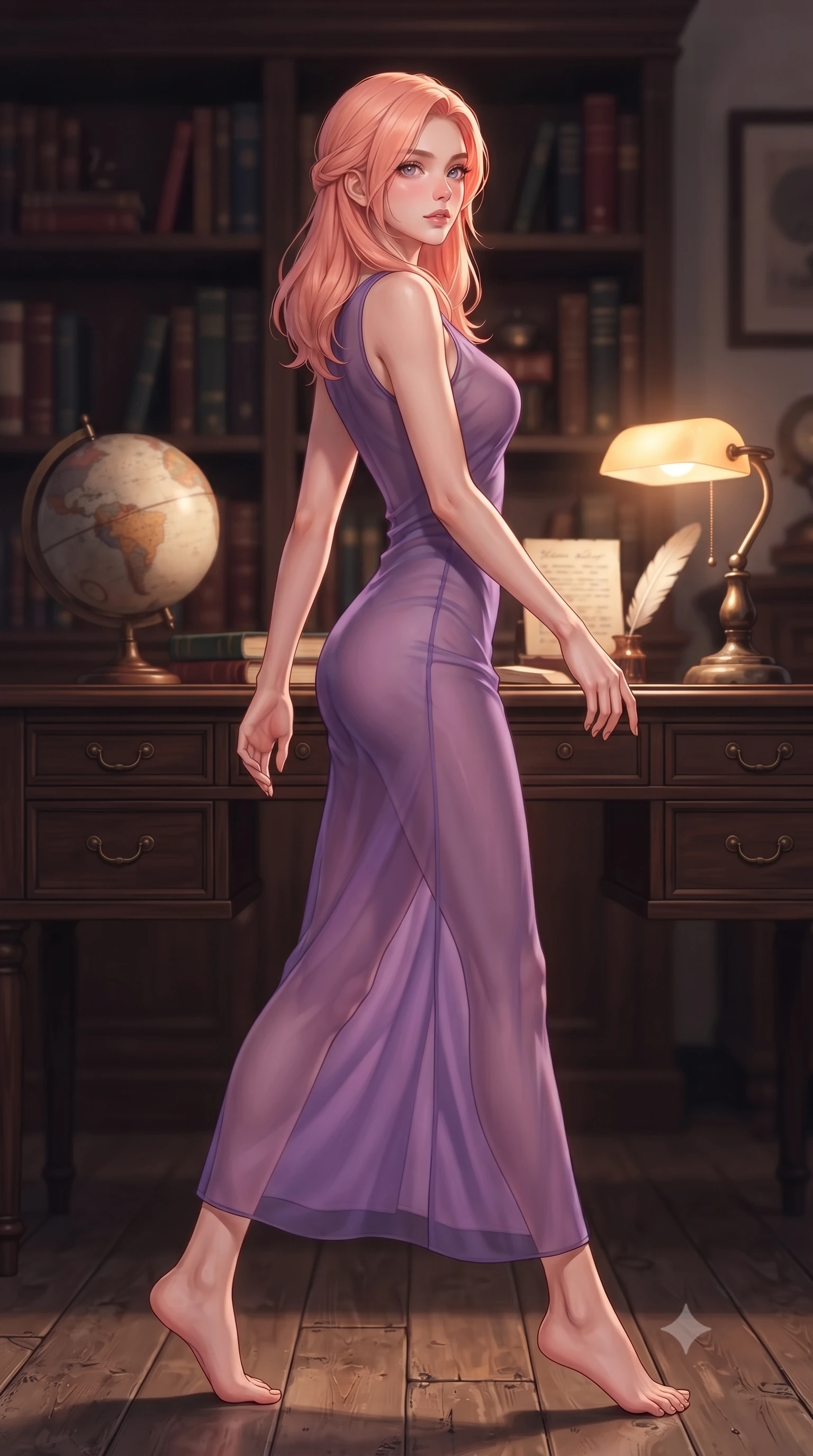 score_9, masterpiece, best quality, ultra-detailed, high-budget anime keyframe, editorial fashion photography, tasteful artistic composition, Japanese woman. low angle full-body shot from head to toe showing her feet, filling the entire 9:16 vertical frame with her statuesque presence, stretching her vertical silhouette. stepping gracefully while looking back over her shoulder, her dress draped tightly to reveal her silhouette the background shows a soft-focus a private velvet study with vintage globe, dark oak desk, and quill manuscripts. She has an absolutely perfect, statuesque 8.5-heads proportion, an exceptionally tall and slender model-like female figure with impossibly long slender legs and an ultra-slim waist. sharp v-shaped jawline, high-bridge nose, intricate jewel-like eyes with depth, thick eyelashes, glossy lips with a natural sheen. wearing a slim-fit semi-transparent chiffon maxi dress in lavender, showing her silhouette through the sheer fabric. warm desk lamp light casting cozy, nostalgic shadows on the oak surface. highly saturated vibrant anime colors, detailed shading with soft gradients, rich glossy textures, high-contrast stereoscopic depth, volumetric dynamic lighting, master piece, 9:16 ratio