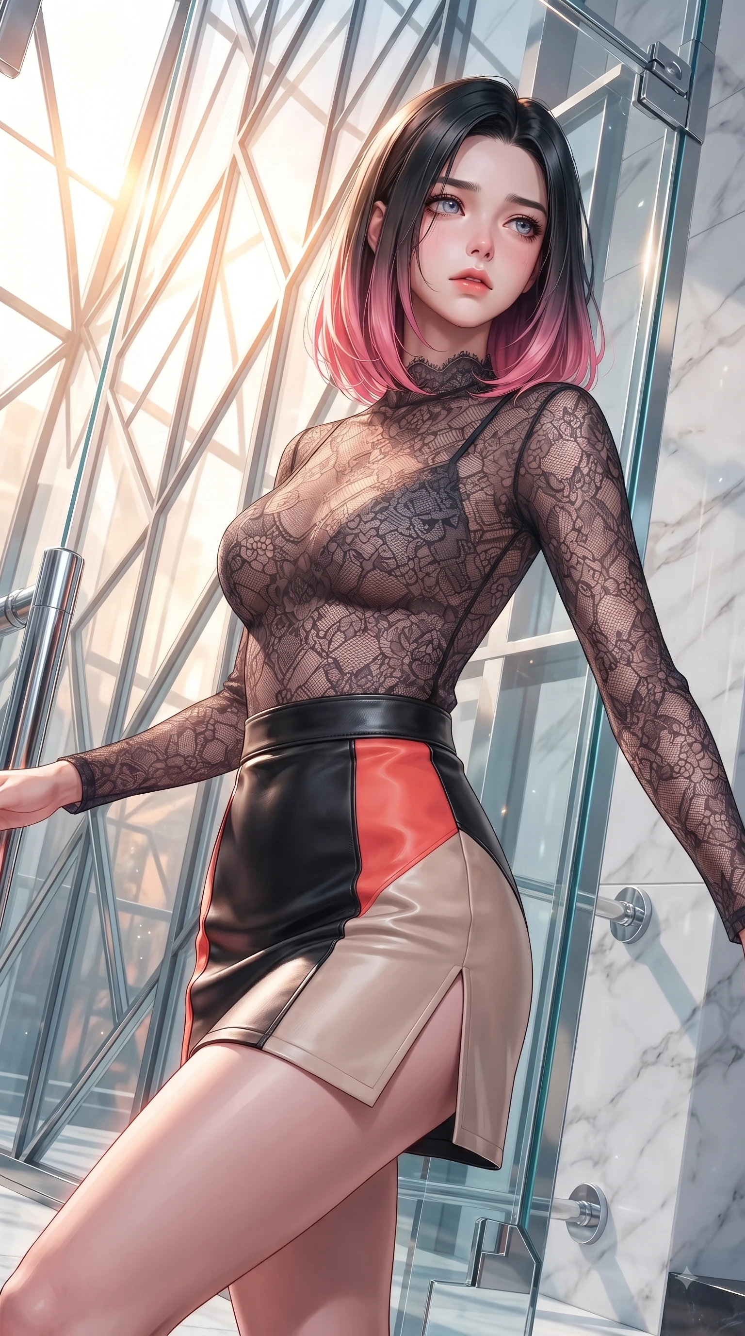 score_9, masterpiece, best quality, ultra-detailed, high-budget anime keyframe, editorial fashion photography, tasteful artistic composition, Korean woman. close-up cowboy shot from the waist and thighs up, the character dominates the composition, filling the frame with her large presence. Wistful sorrowful gaze looking distant with a delicate melancholy and emotional depth in her eyes while pivoting dynamically near a towering geometric glass facade with intense sunlight filtering through. The surrounding environment is rendered in vivid detail and crisp panoramic clarity. crisp glass geometric panels, polished chrome fixtures, and white marble textures in deep focus. She has an exceptionally elegant, slender, and willowy female figure with an ultra-slim waist, a gracefully sculpted slender torso, and a refined silhouette. sharp v-shaped jawline, high-bridge nose, intricate jewel-like eyes with depth, thick eyelashes, glossy lips with a natural sheen, flawlessly proportioned anatomical accuracy, natural body alignment, perfectly sculpted elegant limbs, clean dynamic posture without body distortion. wearing a sheer dark lace pattern bodysuit over a structured black leather mini skirt in vibrant coral red and soft beige, made of fine lace weave and soft satin jersey, finished with a sleek side slit ascending to mid-thigh, the chic fashion cut framing her graceful clavicle and slender torso. illuminated by polished specular highlights and cool futuristic rim lighting. ultra-reflective glossy finish, specular highlights, metallic sheen, high-contrast stereoscopic depth, volumetric dynamic lighting, 2k, ultra detail, master piece, 9:16 ratio