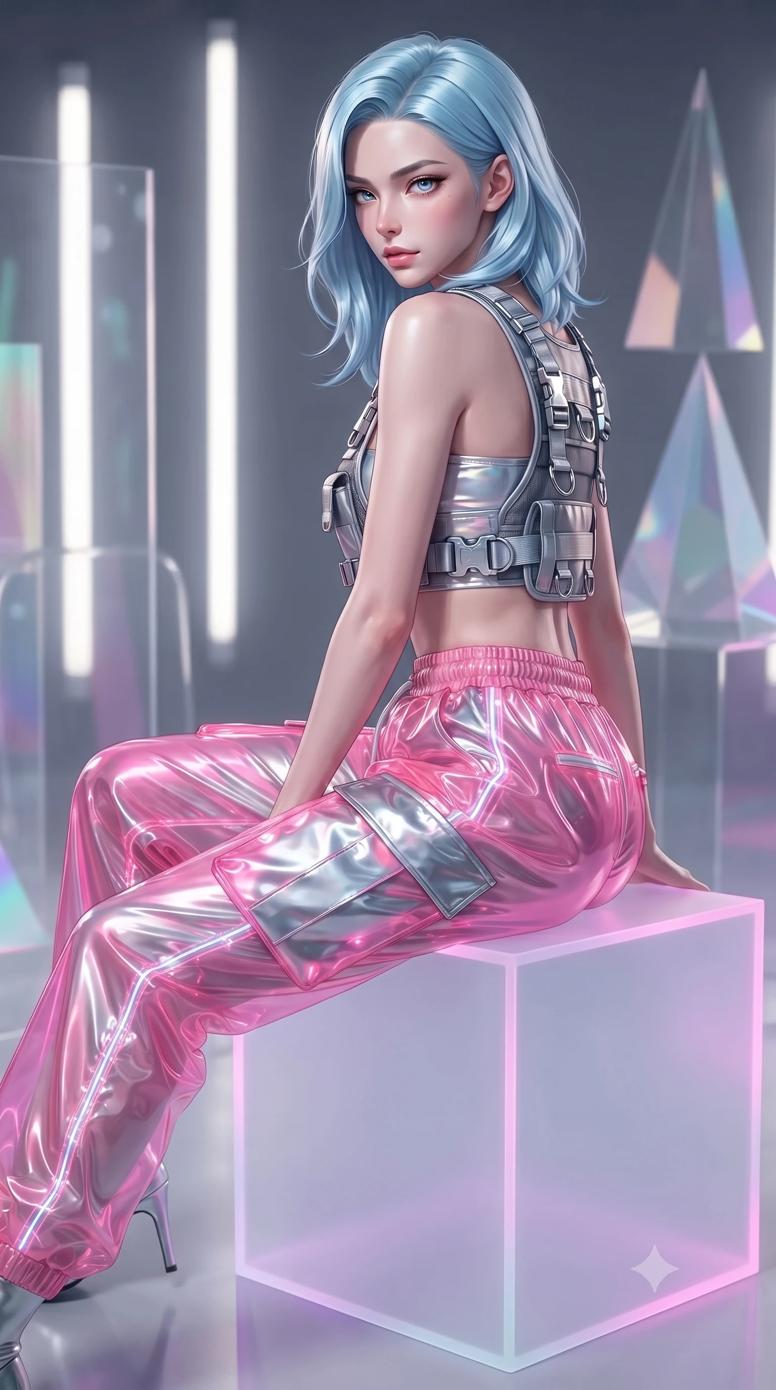 score_9, masterpiece, best quality, ultra-detailed, high-budget anime keyframe, editorial fashion photography, tasteful artistic composition, Korean woman. close-up cowboy shot from the waist and thighs up, the character dominates the composition, filling the frame with her large presence. turning over her shoulder with an indomitable, smoldering gaze, her soft hair framing her razor-sharp v-shaped jawline while sitting poised atop a frosted neon cube with one leg extended, her statuesque silhouette framed by vertical light bars. The composition keeps background elements in soft focus with creamy bokeh. translucent acrylic art installations and geometric light prisms softened in dreamy shallow focus. She has an exceptionally elegant, slender, and willowy female figure with an ultra-slim waist, a gracefully sculpted slender torso, toned flat midriff, and a refined slim silhouette. sharp v-shaped jawline, high-bridge nose, intricate jewel-like eyes with depth, thick eyelashes, glossy lips with a natural sheen, captivating and magnetic expression, flawlessly proportioned anatomical accuracy, strict slender model proportions, natural body alignment, perfectly sculpted long slender limbs, ultra-slim waistline, clean dynamic posture without body distortion. wearing a cropped tech-harness utility vest worn over a silver reflective bandeau top and baggy cargo pants in bright cyber pink and chrome silver, made of semi-translucent cybernetic vinyl with glowing micro-filaments, detailed with heavy-duty chrome quick-release buckles and D-ring straps, the breezy yet form-flattering drape swaying gracefully with her steps, accentuating her long willowy limbs and slim waistline. surrounded by a cutting-edge, avant-garde, and mesmerizingly stylish future-fashion muse aura. ultra-reflective glossy finish, specular highlights, rich textural contrasts, high-contrast stereoscopic depth, volumetric dynamic lighting, 2k, ultra detail, master piece, 9:16 ratio