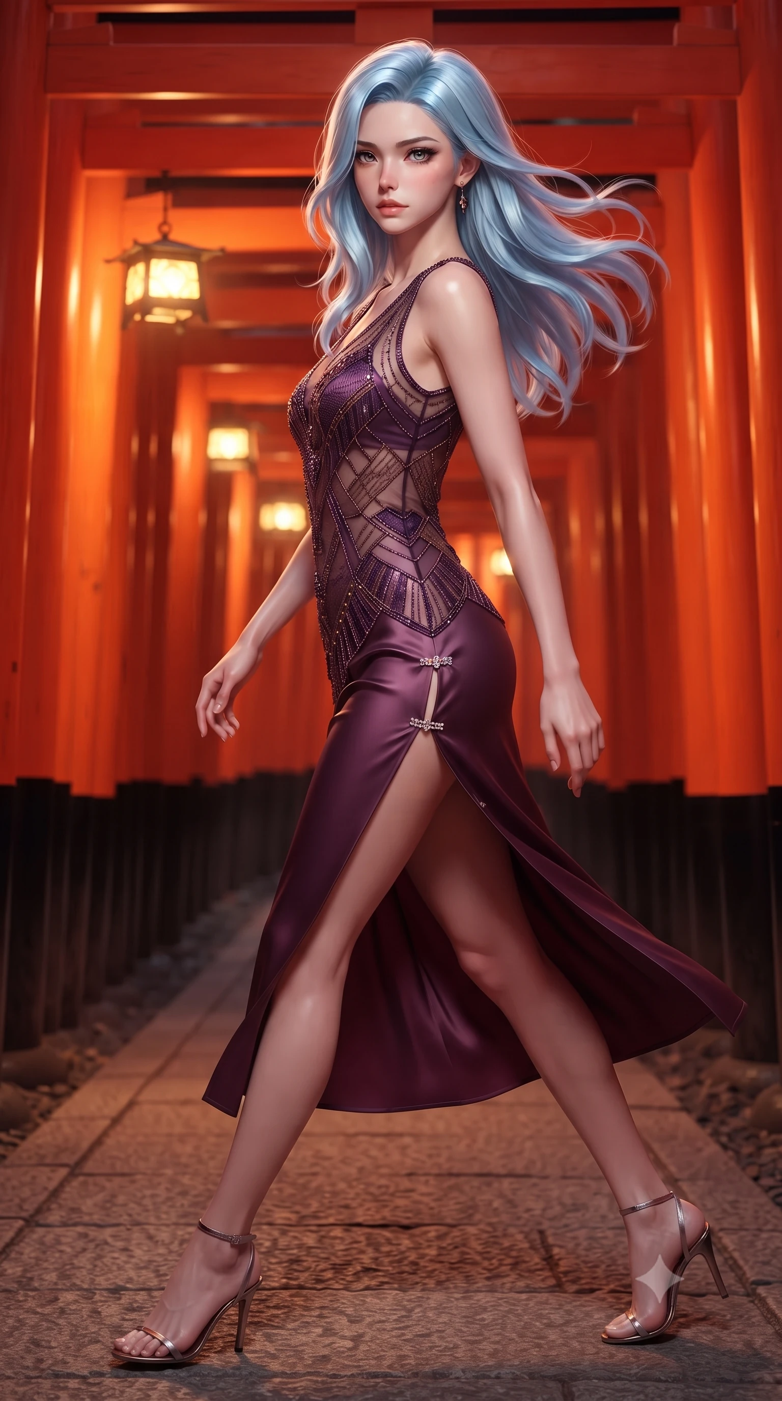 score_9, masterpiece, best quality, ultra-detailed, high-budget anime keyframe, semi-realistic 3D game render, editorial fashion photography, tasteful artistic composition, Korean woman. close-up cowboy shot from the waist and thighs up, the character dominates the composition, filling the frame with her large presence. twisting her slender torso in a deep contrapposto stance, hips dramatically shifted to accentuate her feminine curves while looking past her shoulder with smoldering bedroom-eyes while striding gracefully down the winding mountain path through thousands of vibrant vermilion torii gates, arching her back as warm lantern light traces her curves. The surrounding environment is rendered in vivid detail and crisp panoramic clarity. detailed silk kimono or modern fusion dress weave, soft skin highlights, and torii tunnel perspective clarity in high resolution. She has an exceptionally elegant, slender, and willowy female figure with an ultra-slim waist, flat toned midriff, narrow ribcage, and sculpted feminine hips creating an alluring, slim hourglass silhouette without bulk. sharp v-shaped jawline, high-bridge nose, intricate jewel-like eyes with depth, thick eyelashes, glossy parted lips with a natural sheen, intensely captivating and seductive bedroom-eyes expression, flawlessly proportioned anatomical accuracy, strict slender model proportions, natural body alignment, perfectly sculpted long slender limbs, ultra-slim waistline, clean dynamic posture without body distortion. wearing a sheer vintage mesh flapper dress adorned with intricate geometric beadwork over an opaque silk slip in deep plum violet and antique bronze, tailored from ultra-smooth duchess satin with a pearlescent sheen, finished with an ultra-high side slit secured by miniature jeweled clasps, the form-contouring material adhering flawlessly to her sculpted flat midriff and slender torso, emphasizing her long leg lines and perfectly proportioned willowy build. bathed in rich, warm vermilion bounce light from the hundreds of lacquer pillars and soft lantern glow. highly saturated vibrant anime colors, detailed shading with soft gradients, rich glossy textures, high-contrast stereoscopic depth, volumetric dynamic lighting, master piece, 9:16 ratio