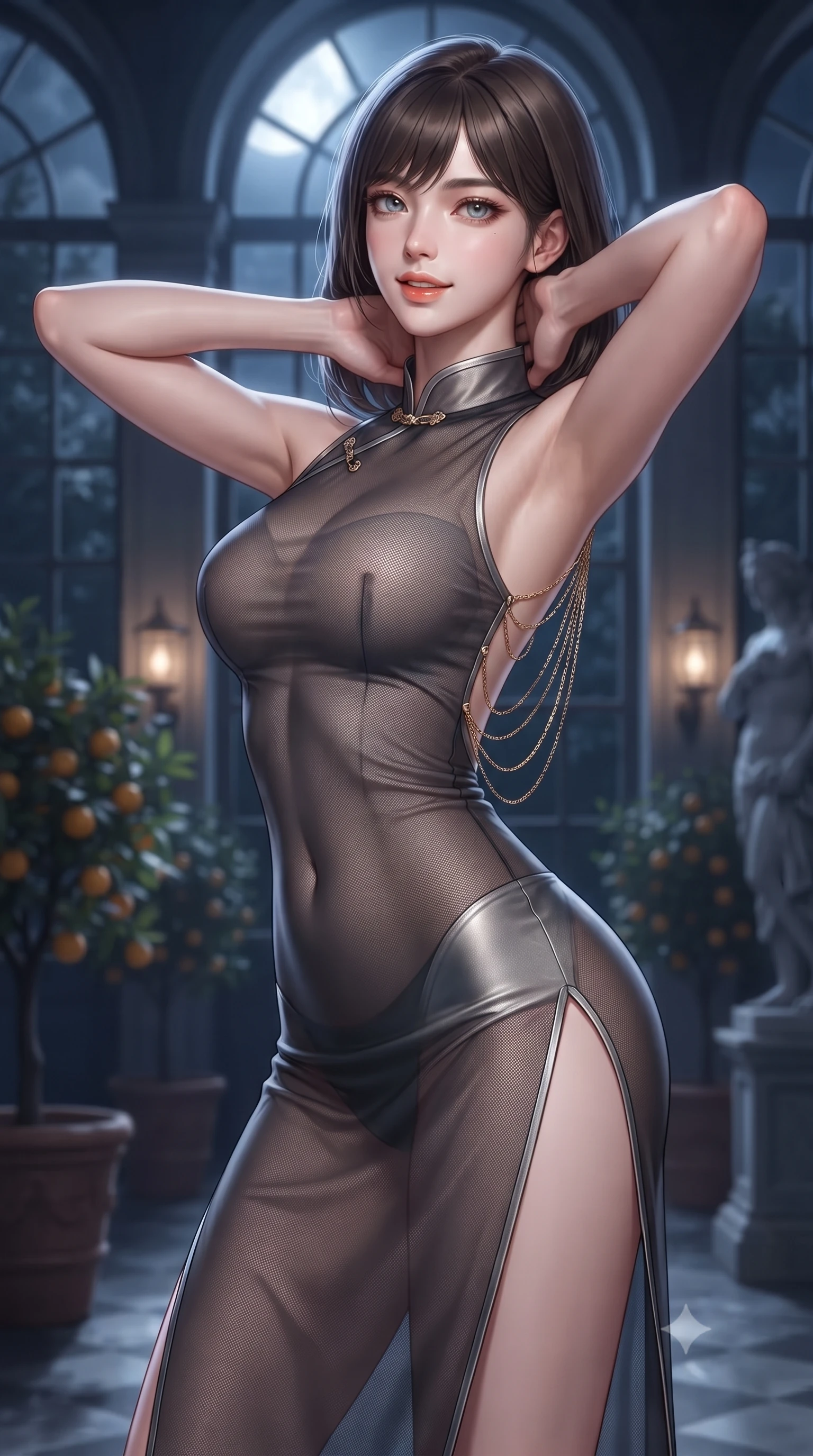 score_9, masterpiece, best quality, ultra-detailed, high-budget anime keyframe, editorial fashion photography, tasteful artistic composition, Korean woman. close-up cowboy shot from the waist and thighs up, the character dominates the composition, filling the frame with her large presence. resting both hands lightly behind her neck with elbows raised, arching her spine to highlight her narrow waist, flat midriff, and breathtaking collarbones while twisting her slender torso in an alluring S-curve, silver full moonlight and warm interior lantern glows tracing her silhouette. The background shows a soft-focus potted citrus trees and classical statues softened in nocturnal imperial garden shallow focus. She has an exceptionally elegant, slender, and willowy female figure with an ultra-slim waist, flat toned midriff, narrow ribcage, and sculpted feminine hips creating an alluring, slim hourglass silhouette without bulk. sharp v-shaped jawline, high-bridge nose, sparkling eyes with hypnotic seductive depth, thick curled eyelashes, glossy parted lips with a natural dewy peach sheen, alluring bedroom-eyes with an enchanting coquettish smile, exuding magnetic siren charisma and sophisticated glamour, flawlessly proportioned anatomical accuracy, strict slender model proportions, natural body alignment, perfectly sculpted long slender limbs, ultra-slim waistline, clean dynamic posture without body distortion. wearing a modern cheongsam-inspired form-fitting sheer mesh cocktail dress with mandarin collar and dramatic hip-high side slits in smoky charcoal and metallic platinum, tailored from fine structural neoprene with crisp architectural edges and smooth contouring, accented with an open-back drape framed by falling strands of delicate gold chains, the glove-like clinging cut tightly following the natural contour of her hips and long slender legs with youthful 8.5-heads elegance. bathed in cool silver full moonlight pouring through soaring glass arches mixed with warm 2700K interior wall sconce glow. ultra-reflective glossy finish, specular highlights, rich textural contrasts, high-contrast stereoscopic depth, volumetric dynamic lighting, 2k, ultra detail, master piece, 9:16 ratio