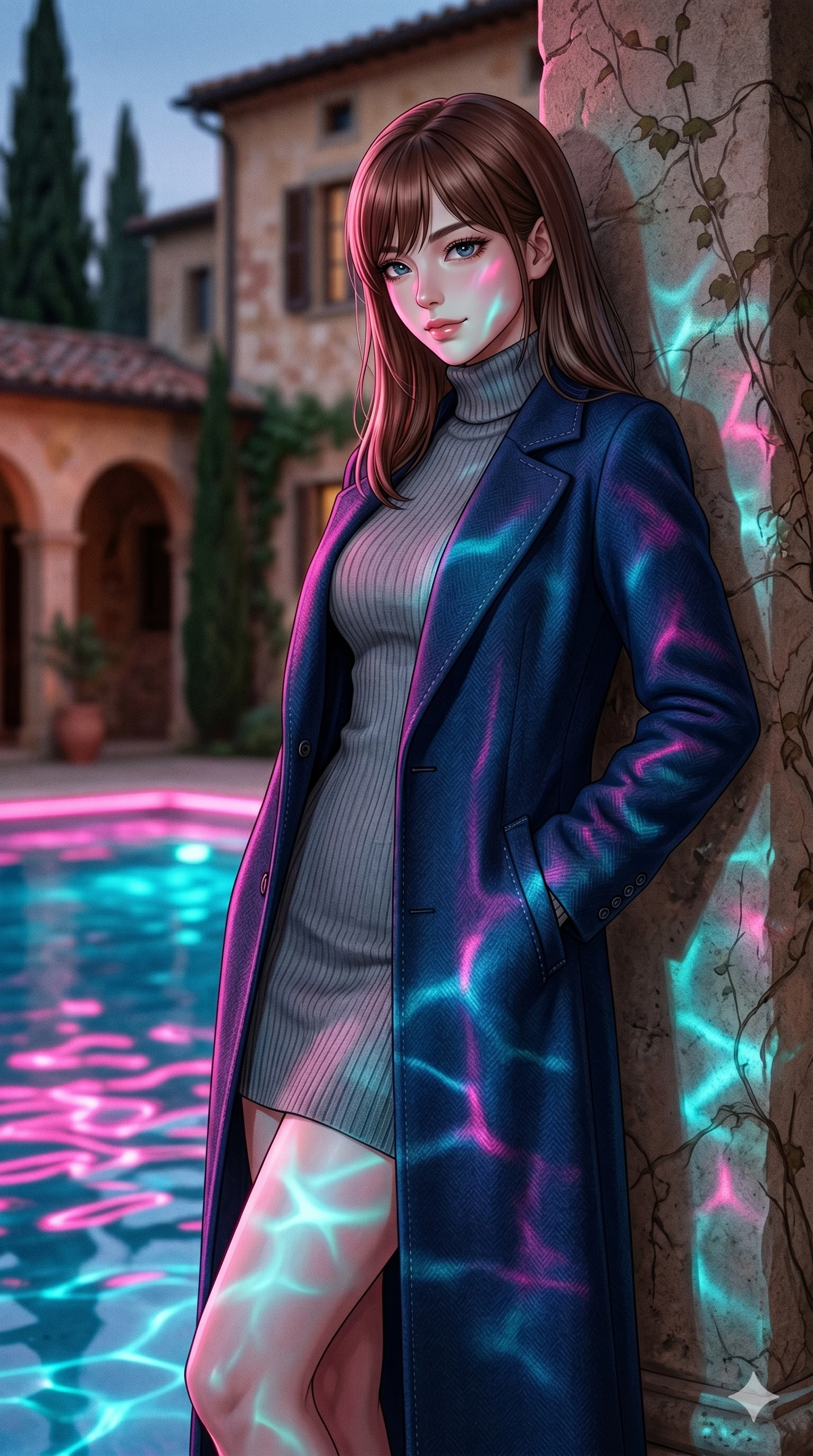 score_9, masterpiece, best quality, ultra-detailed, high-budget anime keyframe, editorial fashion photography, tasteful artistic composition, Korean woman. cowboy shot from the thighs up, character and outfit filling the frame for maximum editorial presence. leaning against the metal railing, looking over her shoulder with a magnetic, teasing half-smile leaning against a stone pillar in a quiet courtyard of a Tuscan villa (Code-P17-052). She has an absolutely perfect 8-heads proportion, an exceptionally tall and slender female figure with impossibly long slender legs and an ultra-slim waist. V-shaped jawline, high-bridge nose, intricate jewel-like eyes with depth, thick eyelashes, glossy lips with a natural sheen. wearing a cozy high-neck turtleneck dress under a wool coat. neon pink and cyan reflections from the pool water casting shimmering light patterns. 2k, ultra detail, master piece, 9:16 ratio
