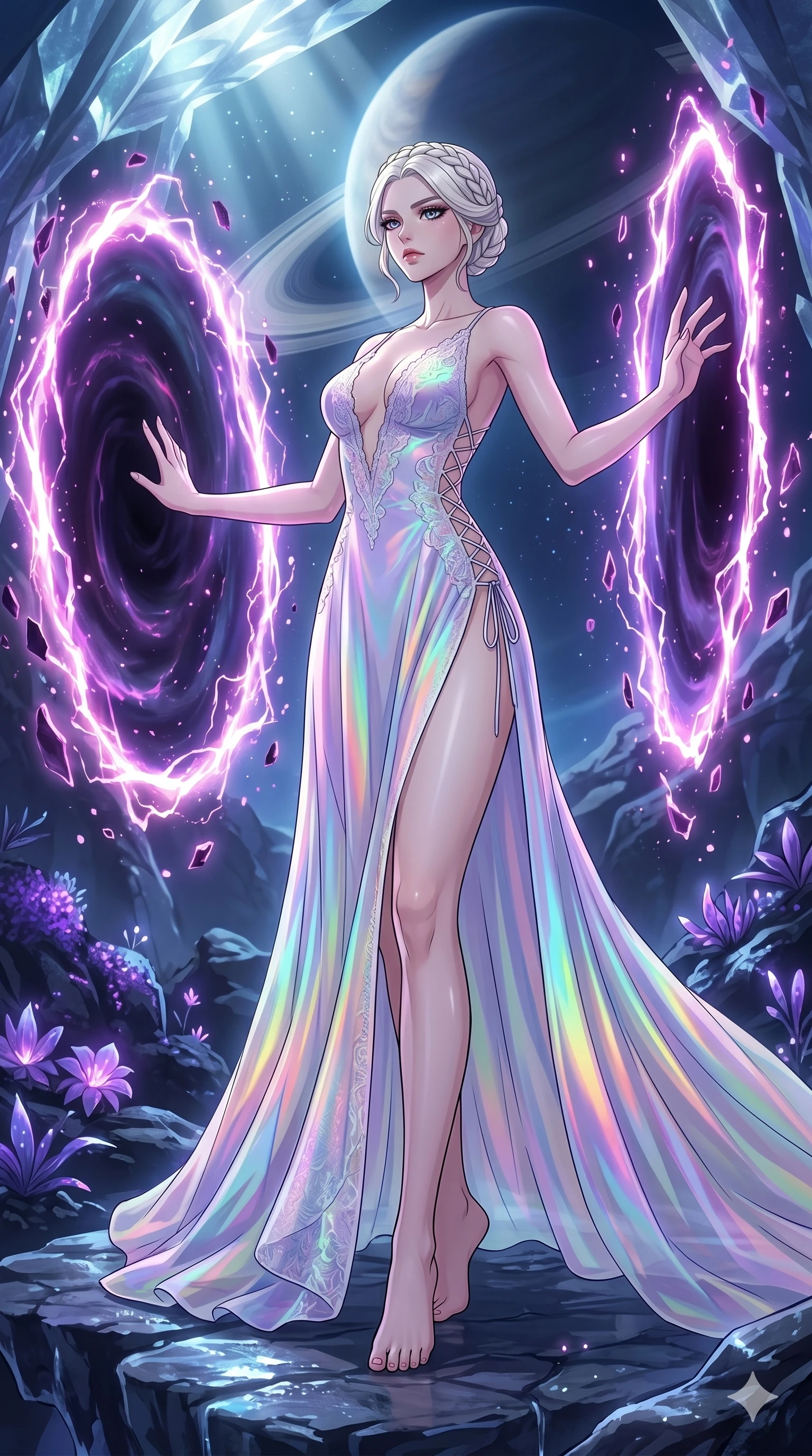 score_9, masterpiece, best quality, ultra-detailed, High-budget Anime Keyframe, vibrant colors, fluid line-art, expressive lighting, cinematic composition, Ufotable-style visual effects, top-tier animation quality, Japanese woman with delicate and elegant anime-inspired features. Dramatic low angle looking up at her majestic stature, dominating the vertical space of the composition. Summoning a swirling portal to another dimension with her bare hands, the edges of the rift crackling with unstable energy. She has an absolutely perfect 8-heads proportion, an exceptionally tall and slender female figure with impossibly long slender legs and an ultra-slim waist, her statuesque height and towering silhouette dominating the vertical 9:16 frame. Her face is a masterpiece featuring a sharp v-shaped jawline, high-bridge nose, intricate jewel-like eyes with depth, thick eyelashes, and glossy lips with a natural sheen. She is wearing a Holographic lace evening gown with a dangerously high slit and a plunging neckline crafted from Holographic chiffon that changes color with every movement, creating a rainbow effect, featuring a deep plunging neckline and delicate lace-up side details. The scene is set in a mysterious alien planet with bioluminescent purple flora and a giant ringed planet in the sky, illuminated by ethereal moonlight filtering through a crystalline canopy, creating soft highlights. 2k, ultra detail, master piece, 9:16 ratio