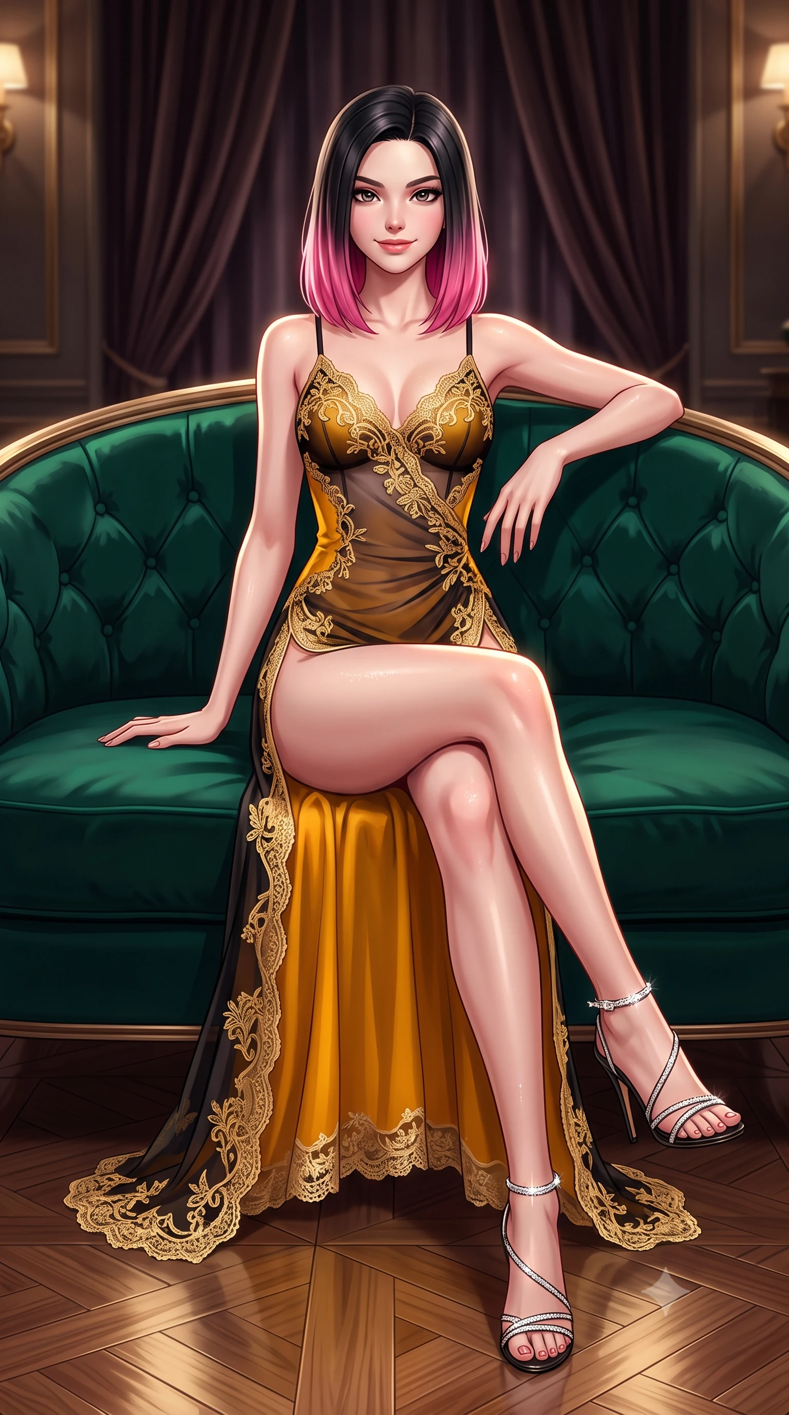 score_9, masterpiece, best quality, ultra-detailed, high-budget anime keyframe, semi-realistic 3D game render, editorial fashion photography, tasteful artistic composition, Korean woman. low angle full-body shot from head to toe showing her feet, filling the entire 9:16 vertical frame with her statuesque presence, stretching her vertical silhouette. lounging on the lavish daybed with legs crossed and hips angled toward the camera, displaying her toned midriff and long slender limbs with effortless siren poise while reclining gracefully across the deep emerald velvet curved banquette propped on one elbow, displaying her long slender limbs and statuesque hourglass silhouette. The background shows a soft-focus deep velvet drapery softened in ultra-exclusive British private club shallow focus. She has an exceptionally tall and slender model-like 8.5-heads proportion, an ultra-slim waist, a flat toned midriff, narrow delicate ribcage, and beautifully sculpted feminine hips creating a graceful, slim hourglass silhouette without any bulky heaviness, with impossibly long slender legs. sharp v-shaped jawline, high-bridge nose, intricate jewel-like sparkling eyes with depth, thick eyelashes, glossy parted lips with a natural peach sheen, bright cheerful beaming smile with an enchanting and coquettish sensual glint, exuding both youthful cute charm and seductive allure, flawlessly proportioned anatomical accuracy, strict slender model proportions, natural body alignment, perfectly sculpted long slender limbs, ultra-slim waistline, clean dynamic posture without body distortion. wearing a gossamer sheer mesh slip dress with delicate gold embroidery and hip-high double side slits in Hakone steaming sulfur amber and volcanic basalt black, made of delicate semi-sheer French Chantilly lace with intricate eyelash edges, complemented by strappy stiletto sandals with crystal ankle wraps accentuating her slender calves, the high-slit wrap tailoring accentuating her ultra-slim waistline and the enchanting curve of her feminine hips with alluring seductive charm. illuminated by polished parquet reflection bounce and sharp champagne-gold rim lights defining her dewy collarbones, ultra-slim waist, and curvy hips. highly saturated vibrant anime colors, detailed shading with soft gradients, rich glossy textures, high-contrast stereoscopic depth, volumetric dynamic lighting, master piece, 9:16 ratio