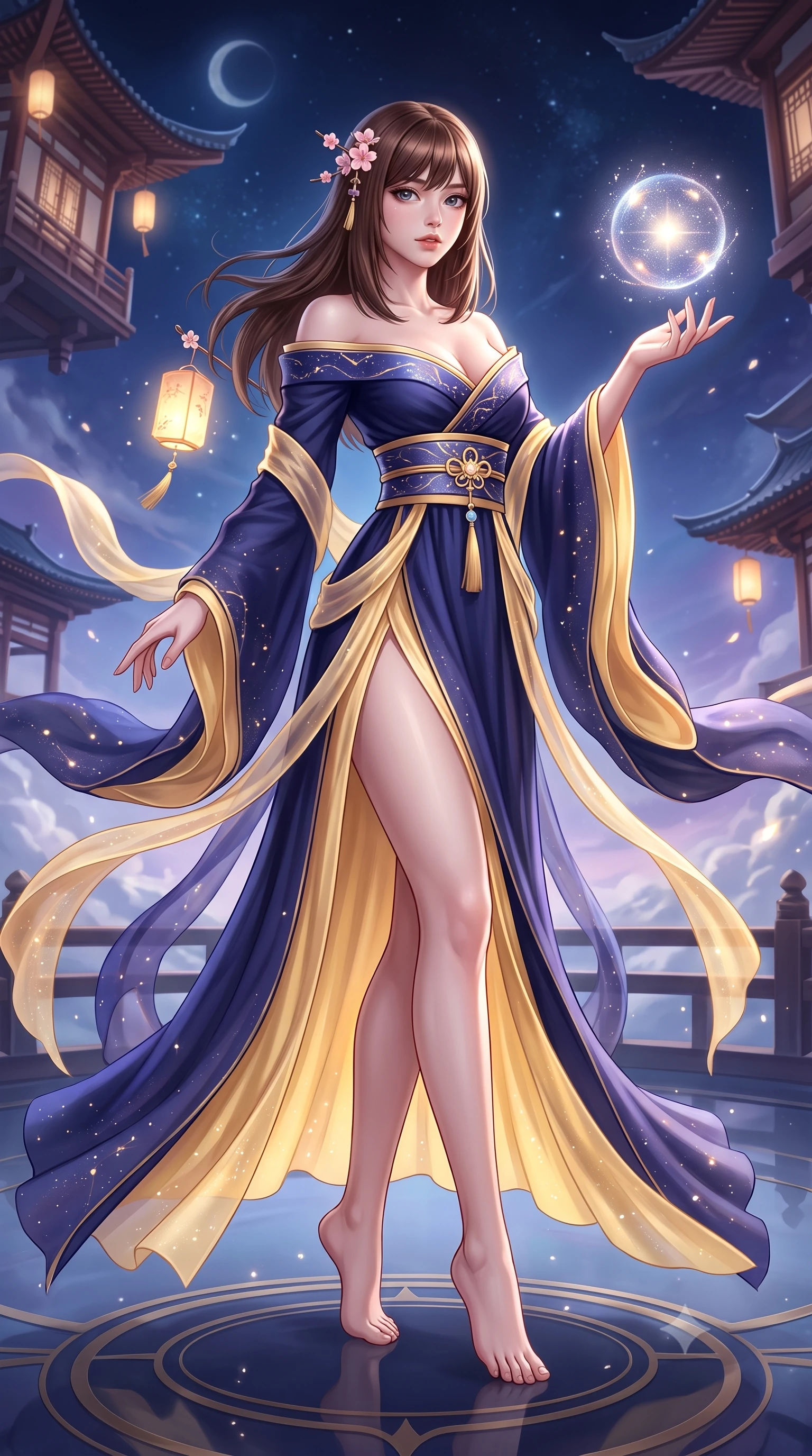 score_9, masterpiece, best quality, ultra-detailed, high-budget anime keyframe, semi-realistic 3D game render, editorial fashion photography, tasteful artistic composition, Korean woman. low angle full-body shot from head to toe showing her feet, filling the entire 9:16 vertical frame with her statuesque presence, stretching her vertical silhouette. landing lightly on the balls of her feet in a balanced kinetic stance, eyes locked onto the camera with fearless allure while reaching out gracefully toward a floating orb of starlight, her long slender legs and willowy torso extended in pure dancer poise. The surrounding environment is rendered in vivid detail and crisp panoramic clarity. transcendent zero-gravity chiaroscuro and cosmic oriental palace aesthetics captured with precision. She has an absolutely perfect, statuesque 8.5-heads proportion, an exceptionally tall and slender model-like female figure with impossibly long slender legs, a toned flat midriff, and an ultra-slim waist. sharp v-shaped jawline, high-bridge nose, intricate jewel-like eyes with depth, thick eyelashes, glossy lips with a natural sheen, captivating and magnetic expression, flawlessly proportioned anatomical accuracy, strict slender model proportions, natural body alignment, perfectly sculpted long slender limbs, ultra-slim waistline, clean dynamic posture without body distortion. wearing an off-shoulder celestial kimono gown with fluttering silk drapes and a high side slit in midnight indigo and glowing starlight gold, tailored from crisp ceremonial cotton and multi-layered translucent chiffon, accessorized with delicate cherry blossom hairpins and glowing paper lantern charms, the sleek tailored cut tightly hugging her graceful clavicle, narrow waist, and feminine curves with statuesque precision. surrounded by an immortal, transcendent, and breathtakingly majestic cosmos empress aura. highly saturated vibrant anime colors, detailed shading with soft gradients, rich glossy textures, high-contrast stereoscopic depth, volumetric dynamic lighting, master piece, 9:16 ratio