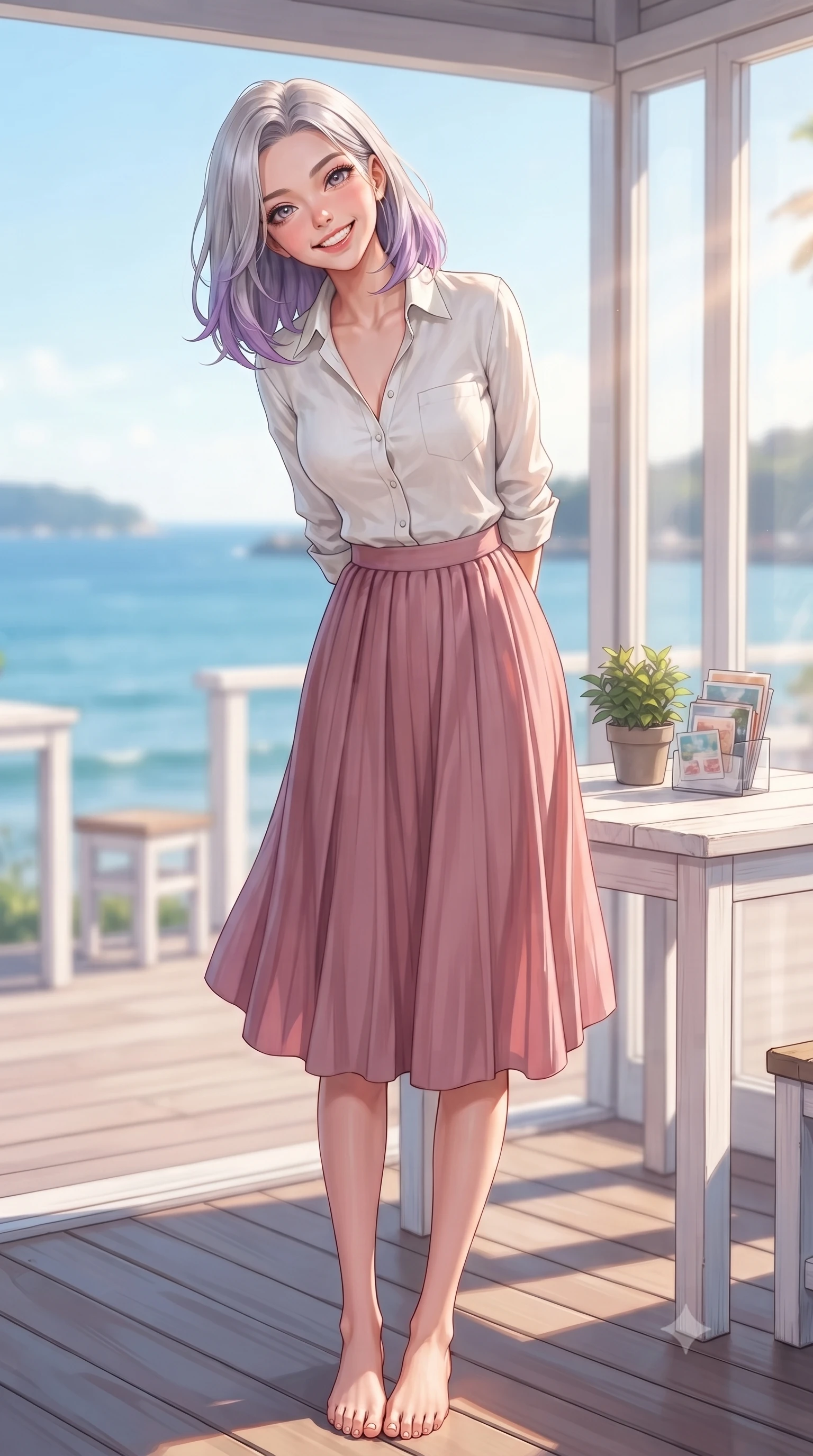 score_9, masterpiece, best quality, ultra-detailed, high-budget anime keyframe, editorial fashion photography, tasteful artistic composition, Caucasian woman. low angle full-body shot from head to toe showing her feet, filling the entire 9:16 vertical frame with her statuesque presence, stretching her vertical silhouette. standing with a cute, bright pose, tilting her head with a beaming smile set against a soft-focus background of at a seaside cafe deck with white wooden tables and views of the blue water with a small green plant and a stack of cute design postcards on the table. She has an absolutely perfect, statuesque 8.5-heads proportion, an exceptionally tall and slender model-like female figure with impossibly long slender legs and an ultra-slim waist. sharp v-shaped jawline, high-bridge nose, intricate jewel-like eyes with depth, thick eyelashes, glossy lips with a natural sheen. wearing body-hugging casual linen button-down shirt in white, paired with a flowy pleated skirt in dusty pink. warm morning sunbeams filtering through the large front glass windows. highly saturated vibrant anime colors, detailed shading with soft gradients, rich glossy textures, high-contrast stereoscopic depth, volumetric dynamic lighting, master piece, 9:16 ratio