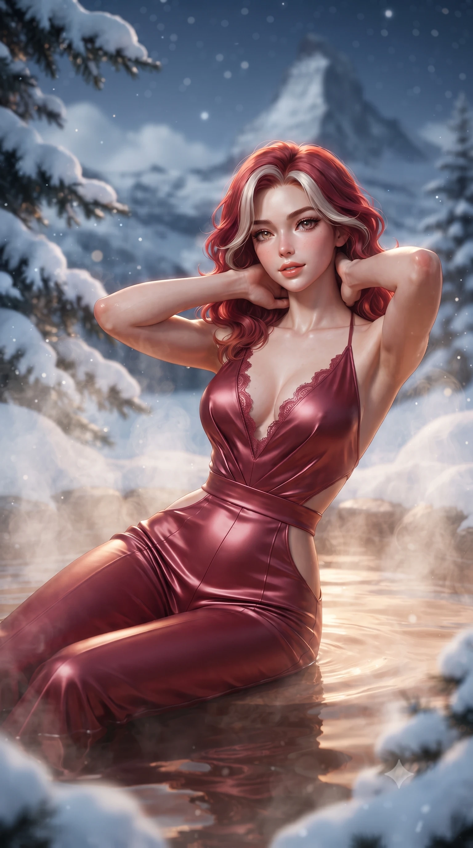score_9, masterpiece, best quality, ultra-detailed, high-budget anime keyframe, editorial fashion photography, tasteful artistic composition, Caucasian woman. close-up cowboy shot from the waist and thighs up, the character dominates the composition, filling the frame with her large presence. resting both hands lightly behind her neck with elbows raised, arching her spine to highlight her narrow waist, flat midriff, and breathtaking collarbones while lounging in the shallow thermal cove propped on one elbow, her statuesque 8.5-heads silhouette commanding the icy alpine mountain panorama. The background shows a soft-focus billowing thermal steam clouds, heavy snowdrifts on dark pine branches, and distant jagged Matterhorn peaks blurred into slate blue, ivory, and starlight bokeh. She has an exceptionally elegant, slender, and willowy female figure with an ultra-slim waist, flat toned midriff, narrow ribcage, and sculpted feminine hips creating an alluring, slim hourglass silhouette without bulk. sharp v-shaped jawline, high-bridge nose, sparkling eyes with hypnotic seductive depth, thick curled eyelashes, glossy parted lips with a natural dewy peach sheen, alluring bedroom-eyes with an enchanting coquettish smile, exuding magnetic siren charisma and sophisticated glamour, flawlessly proportioned anatomical accuracy, strict slender model proportions, natural body alignment, perfectly sculpted long slender limbs, ultra-slim waistline, clean dynamic posture without body distortion. wearing a backless plunge-front silk satin jumpsuit with fluid wide-leg silhouette and side hip cutouts in smoldering Chianti crimson wine and deep rose-gold, woven from buttery-soft stretch lambskin leather adhering to her body like a second skin, finished with scalloped eyelash lace trim framing her sweetheart neckline with intimate elegance, the liquid-tight tailored fabric clinging flawlessly to her narrow waist and rounded feminine hips, emphasizing every millimeter of her sculpted slim hourglass curves without any bulky heaviness. illuminated by rising steam particle light scatter and sharp platinum rim lights sculpting her jawline, flat midriff, and voluptuous hip curves. ultra-reflective glossy finish, specular highlights, rich textural contrasts, high-contrast stereoscopic depth, volumetric dynamic lighting, 2k, ultra detail, master piece, 9:16 ratio