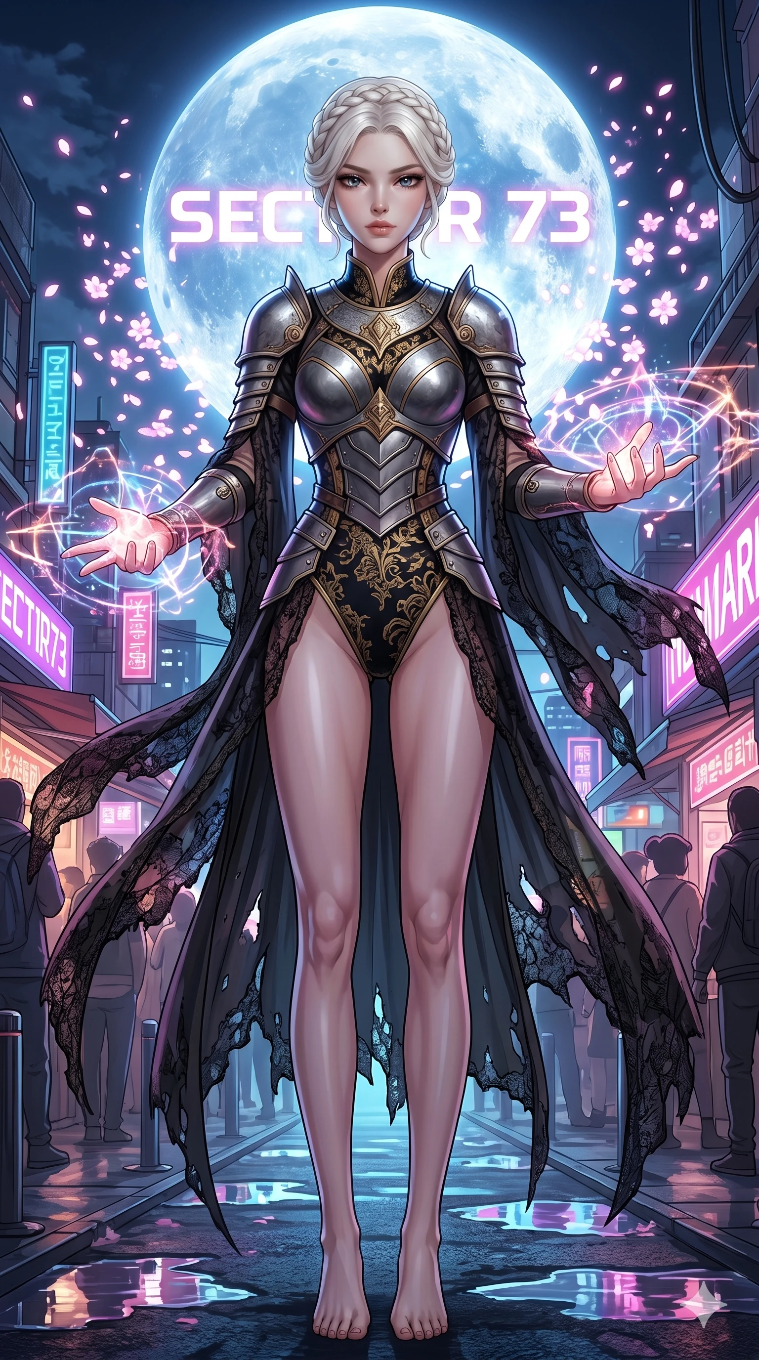 score_9, masterpiece, best quality, ultra-detailed, Set A: High-budget Anime Keyframe, Korean woman. Low angle cowboy shot filling the entire 9:16 frame with her statuesque presence. Casting a spell through a futuristic night market, with a massive holographic moon rising behind her marked as sector 73 and surrounded by digital sakura petals. She has an absolutely perfect 8-heads proportion, an exceptionally tall and slender female figure with impossibly long slender legs and an ultra-slim waist. Sharp v-shaped jawline, high-bridge nose, intricate jewel-like eyes with depth, thick eyelashes, glossy lips with a natural sheen. Wearing Warrior-style plate armor over a high-cut silk leotard with tattered lace capes. Cinematic lighting, vibrant colors, dramatic shadows, 2k, ultra detail, master piece, 9:16 ratio