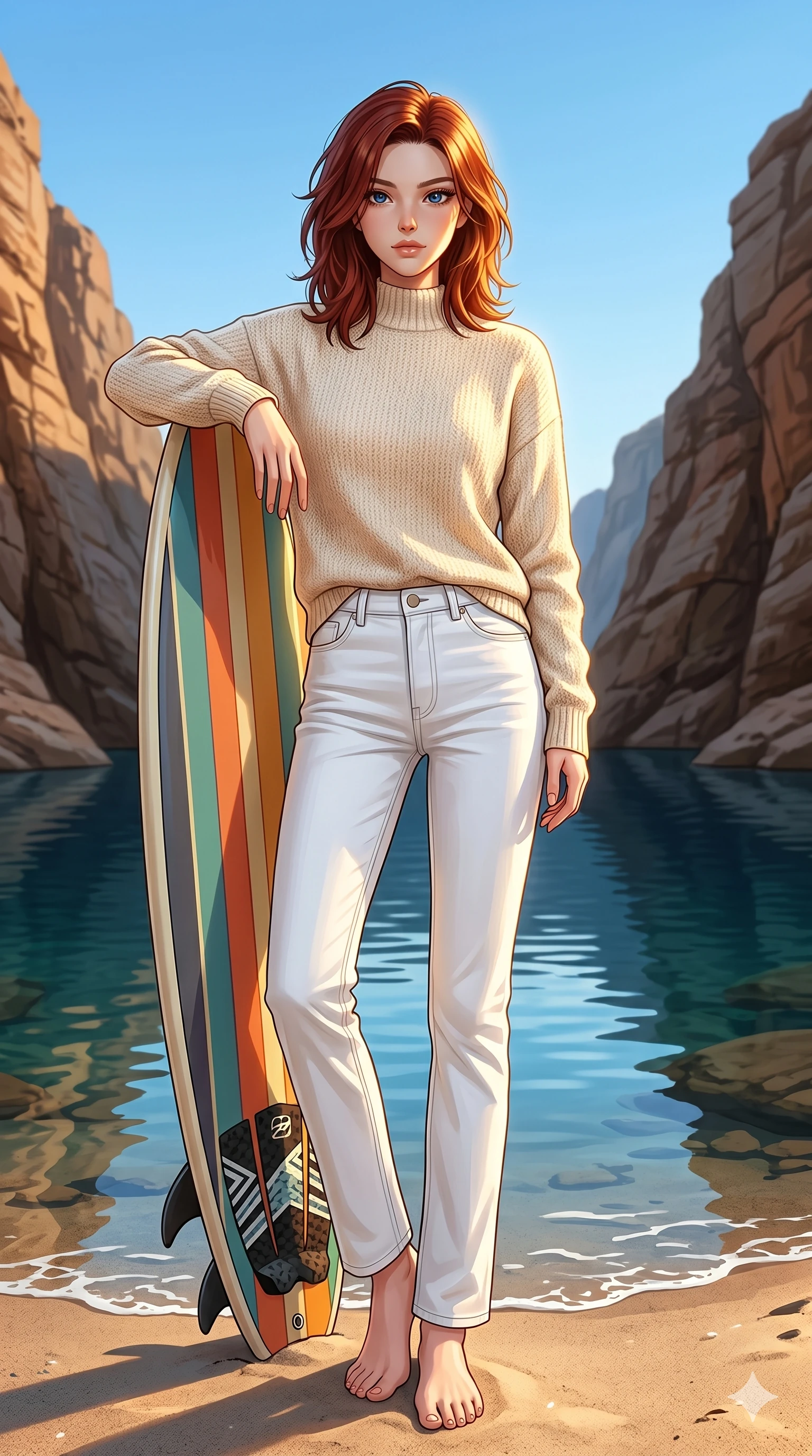 score_9, masterpiece, best quality, ultra-detailed, high-budget anime keyframe, editorial fashion photography, tasteful artistic composition, Korean woman. low angle full-body shot from head to toe showing her feet, filling the entire 9:16 vertical frame with her statuesque presence, stretching her vertical silhouette. leaning against a surfboard on the sand, looking at the viewer with an air of effortless confidence by a deep rock pool in a mountain canyon under a clear summer sky (Code-P19-019). She has an absolutely perfect 8-heads proportion, an exceptionally tall and slender female figure with impossibly long slender legs and an ultra-slim waist. V-shaped jawline, high-bridge nose, intricate jewel-like eyes with depth, thick eyelashes, glossy lips with a natural sheen. wearing a high-neck cozy summer cotton sweater paired with white denim long trousers. illuminated by a bright, warm key light from the side, tracing the elegant curves of her neck. 2k, ultra detail, master piece, 9:16 ratio